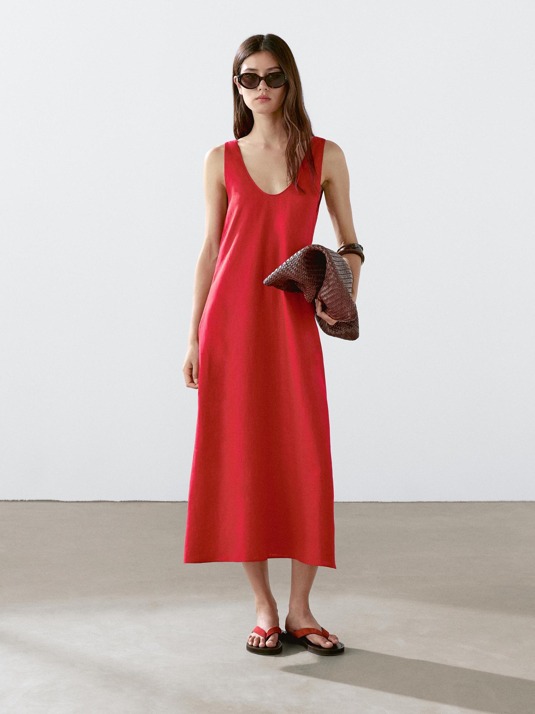 100% linen round neck midi dress Product Image