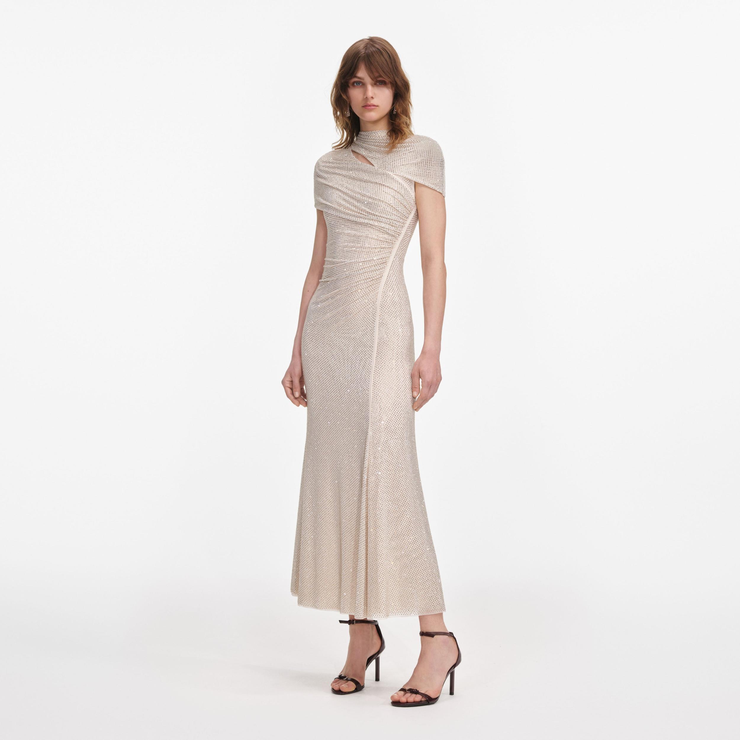 Champagne Rhinestone Mesh Cut Out Midi Dress Product Image