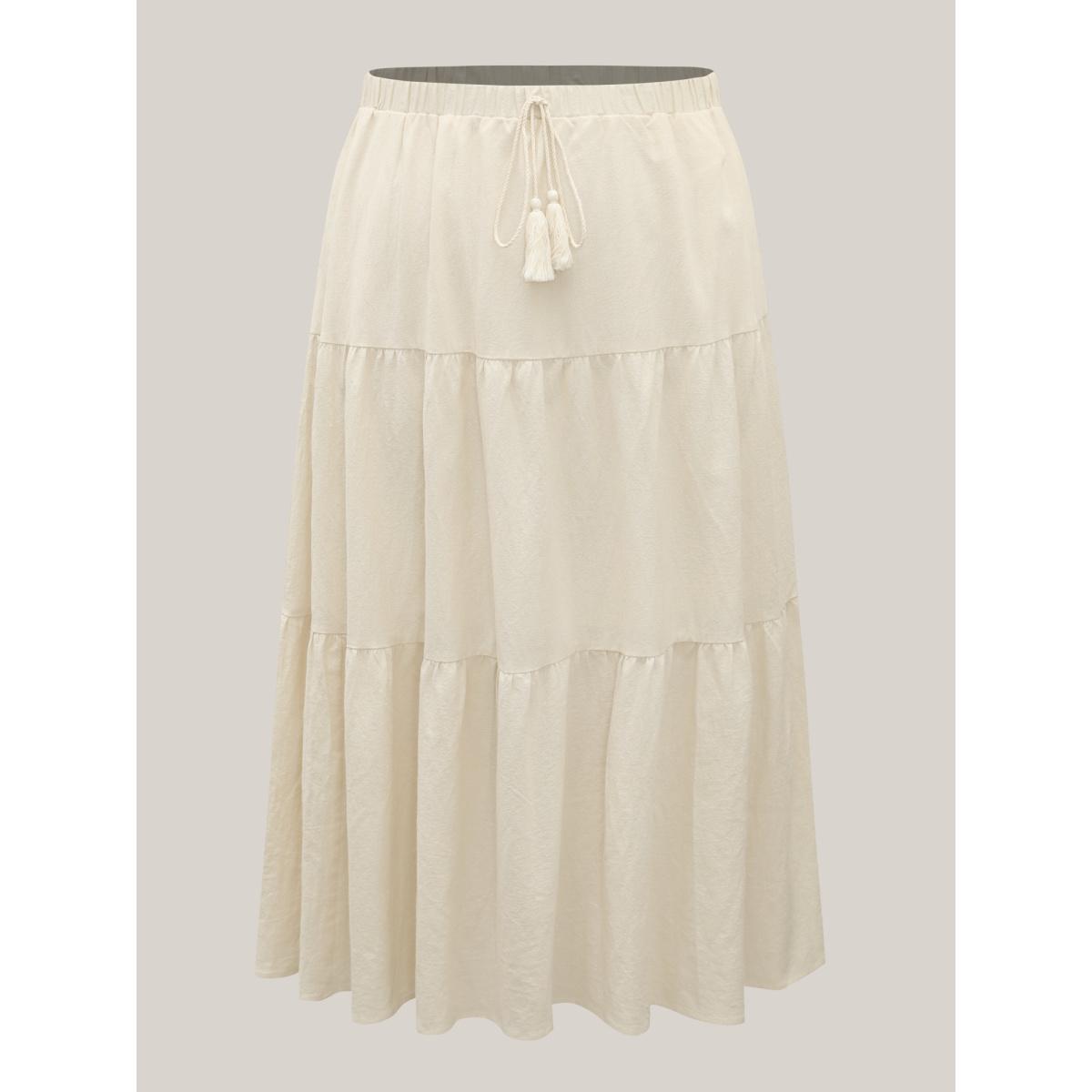 Plus Size Stretchy Waist Drawstring Tiered Maxi Skirt Women Originalwhite Resort Loose No stretch Side seam pocket Vacation Skirts BloomChic 12/L Product Image