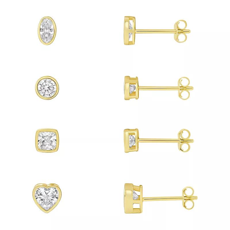Women's PRIMROSE Sterling Silver Bezel Cubic Zirconia Multi-Shape Stud Earrings Quad Set, Gold Tone Product Image