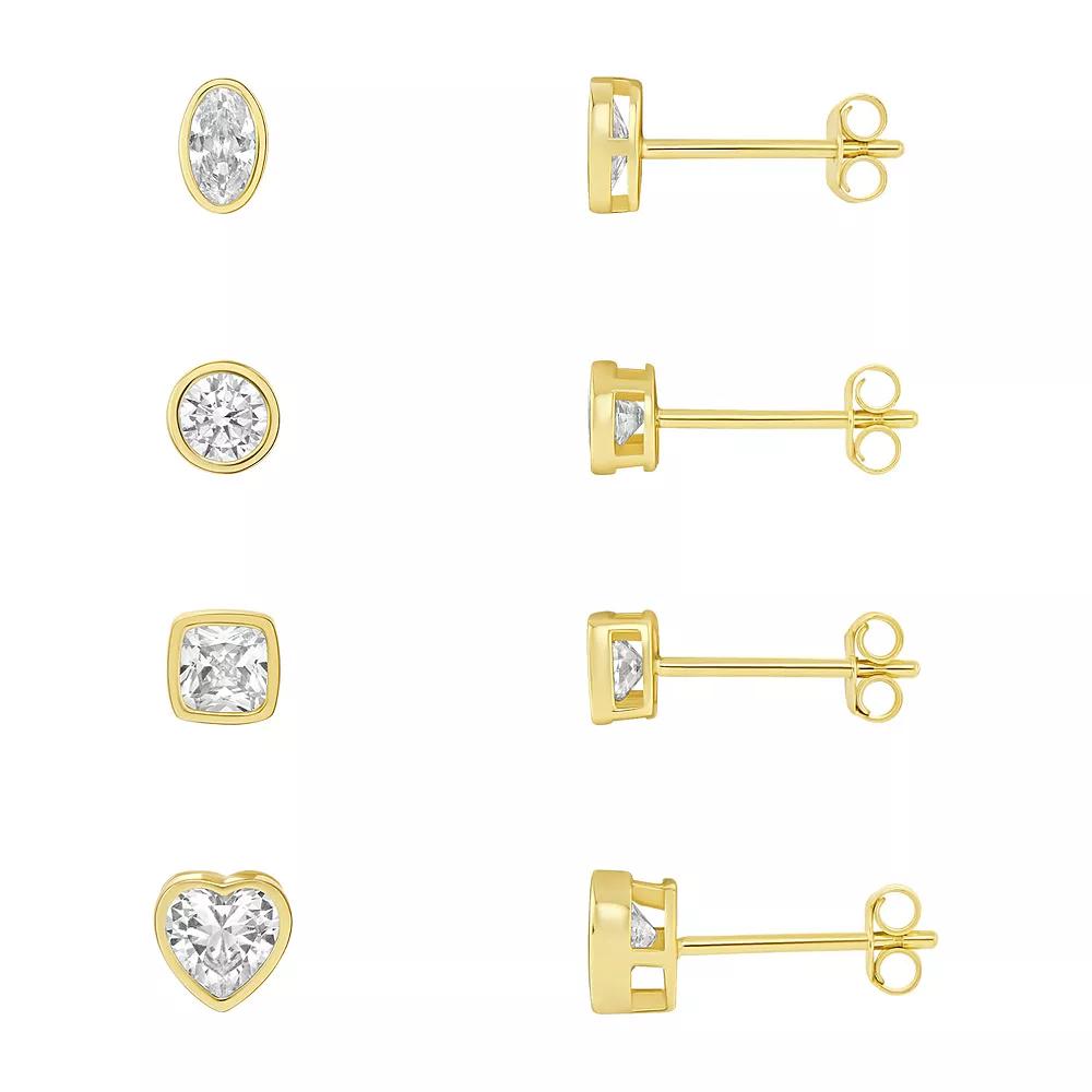 Women's PRIMROSE Sterling Silver Bezel Cubic Zirconia Multi-Shape Stud Earrings Quad Set, Gold Tone Product Image