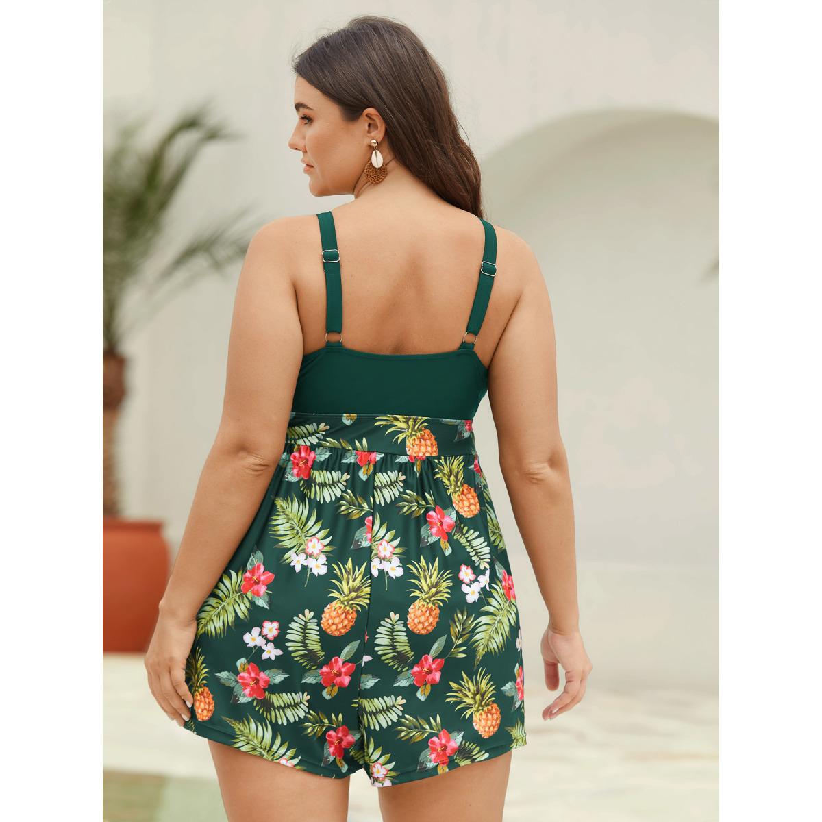 Plus Size Tropical Floral Pockets One-Piece Swimsuit Women's Swimwear DarkGreen Resort Tie knot Curve Bathing Suits High stretch One Pieces BloomChic 12/L Product Image