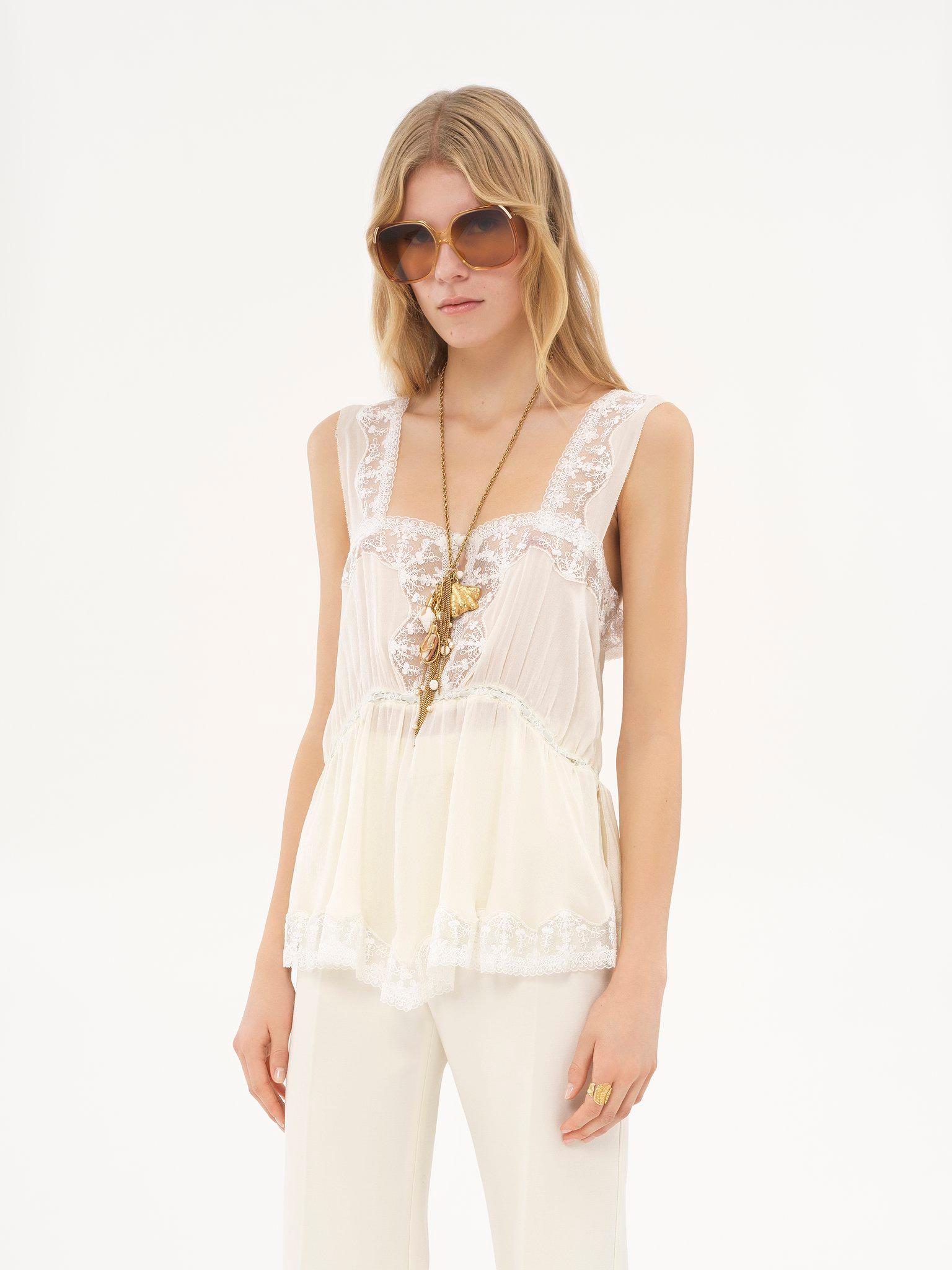 Fluid tank top in silk charmeuse & lace Product Image