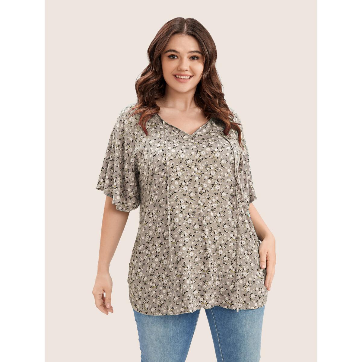 Plus Size LightBrown Ditsy Floral Ruffle Sleeve Tie Neck Blouse Women Elegant Short sleeve V-neck Everyday Blouses BloomChic 10/M Product Image