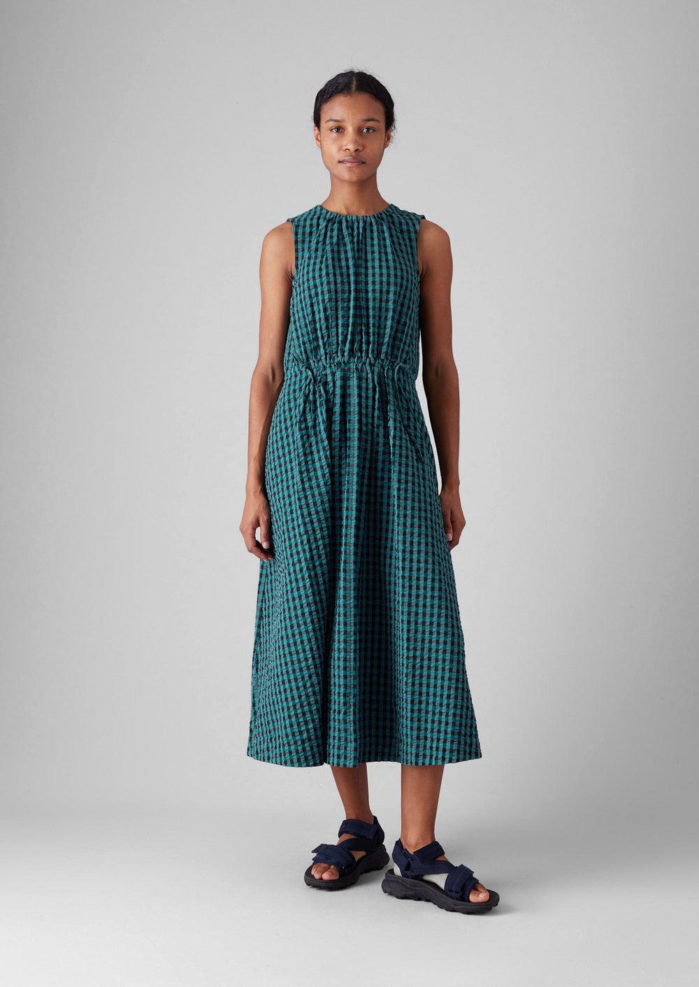 Seersucker Gingham Cotton Dress | Teal Multi Product Image