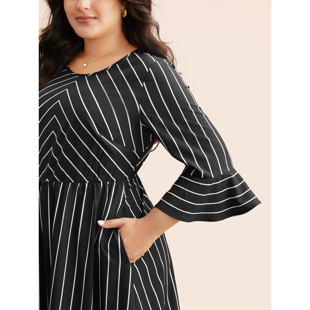 Plus Size Striped Flutter Sleeve Midi Dress Black Women At the Office Ruffles Round Neck Elbow-length sleeve Curvy BloomChic 14-16/1X Product Image