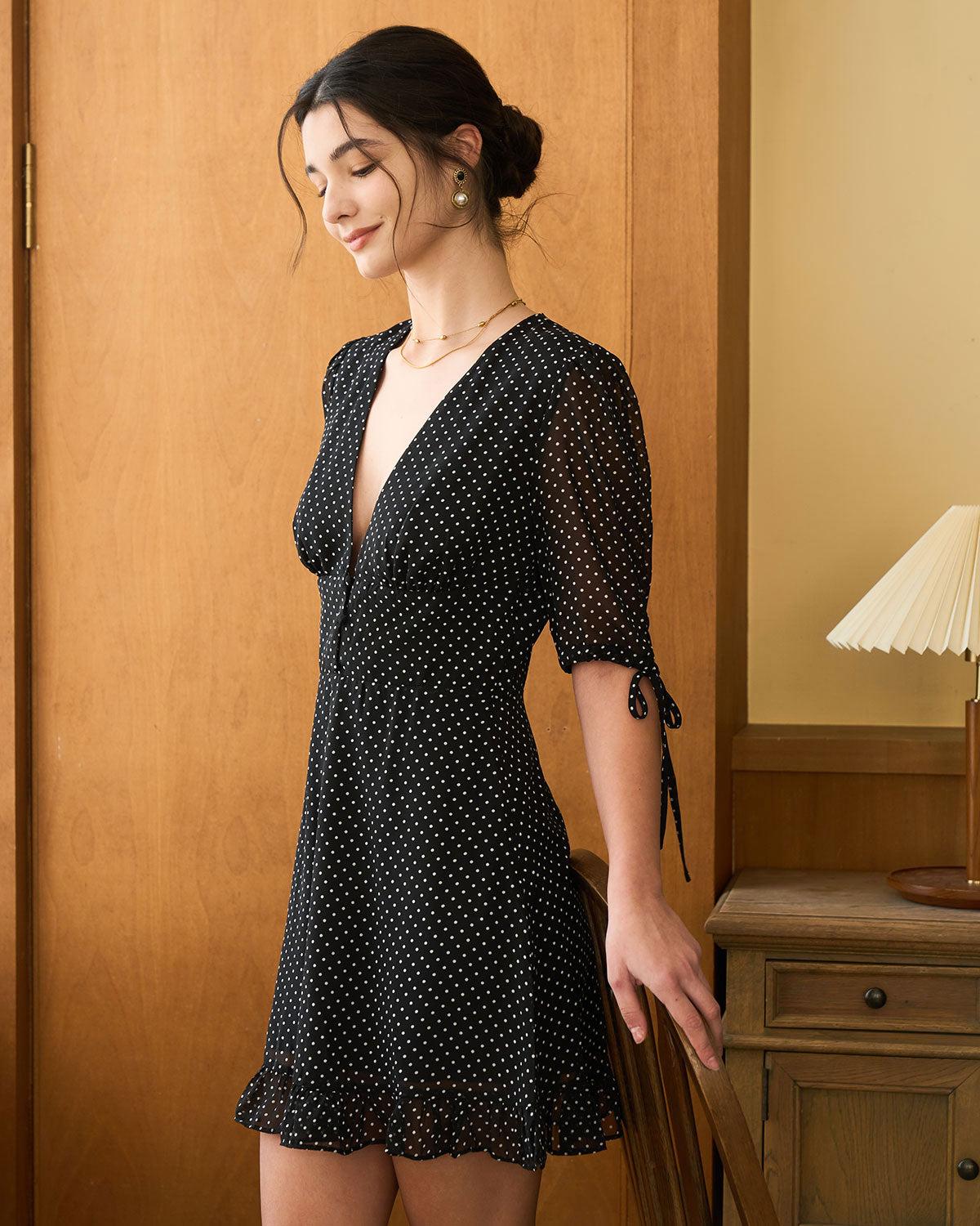 The Black Deep V Neck Polka Dot Mini Dress Product Image