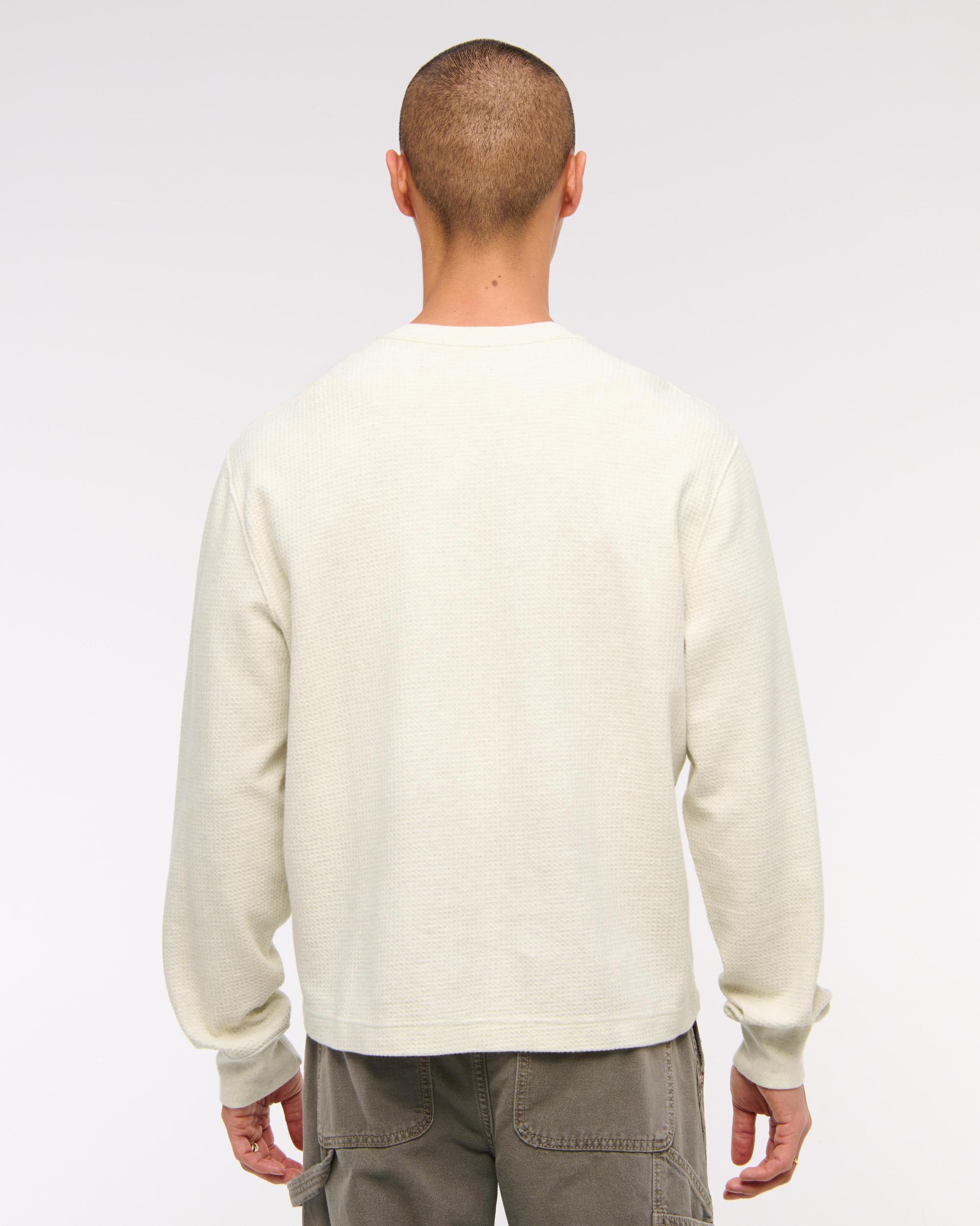 Long-Sleeve Grid Waffle Cropped Henley Product Image