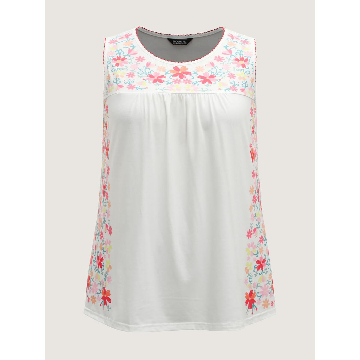 Plus Size Stretchy Floral Neck Flowy Tank Top Women Opticwhite Gathered Round Neck Everyday-Elegant Tank Tops Camis BloomChic 28/5X Product Image