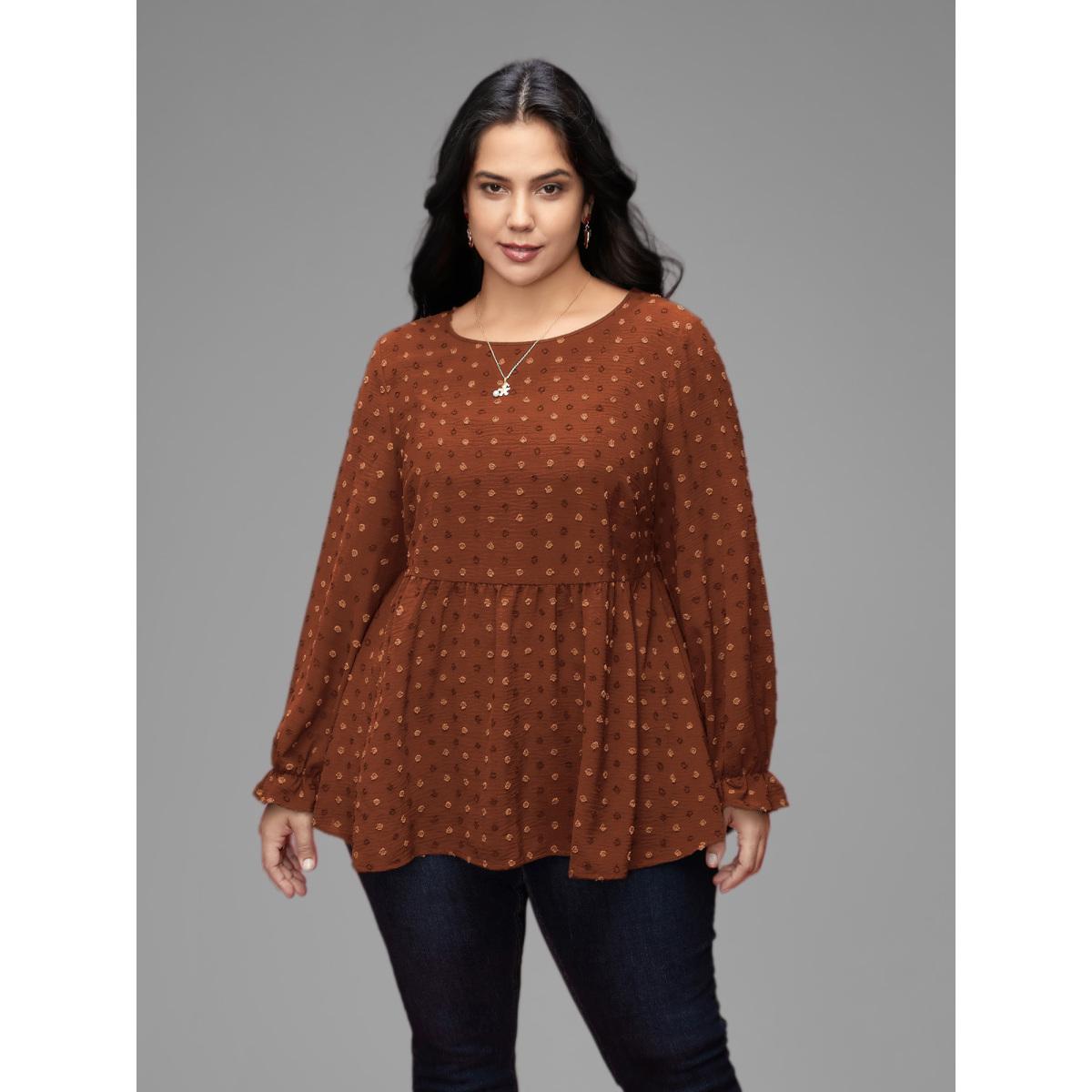 Plus Size Rust Textured Dot Elastic Cuffs A-line Blouse Women Leisure Long Sleeve Round Neck Casual Blouses BloomChic 26/4X Product Image