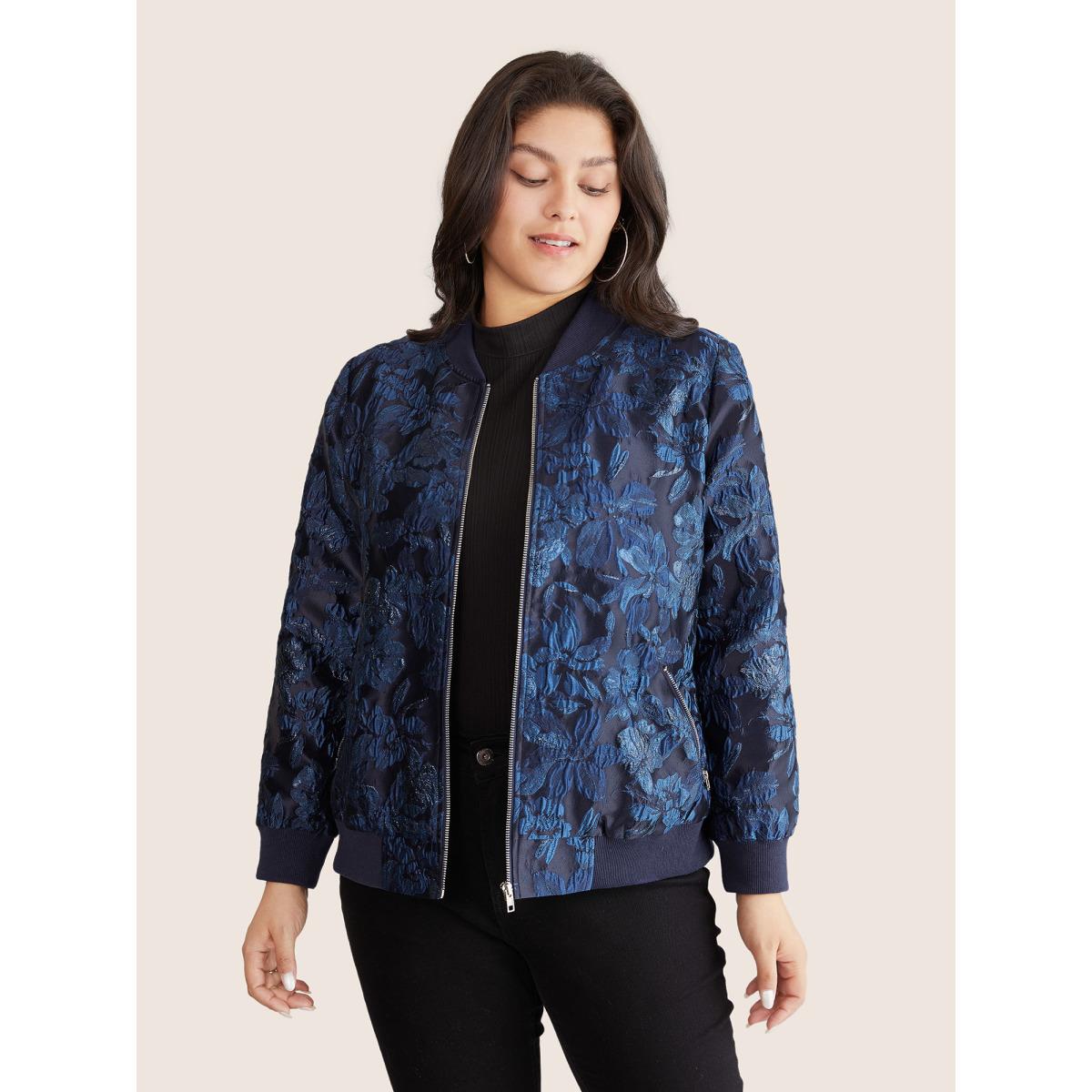Plus Size Floral Patchwork Zipper Jacquard Jacket Women Indigo Elastic cuffs Pocket Everyday Jackets BloomChic 12/L Product Image