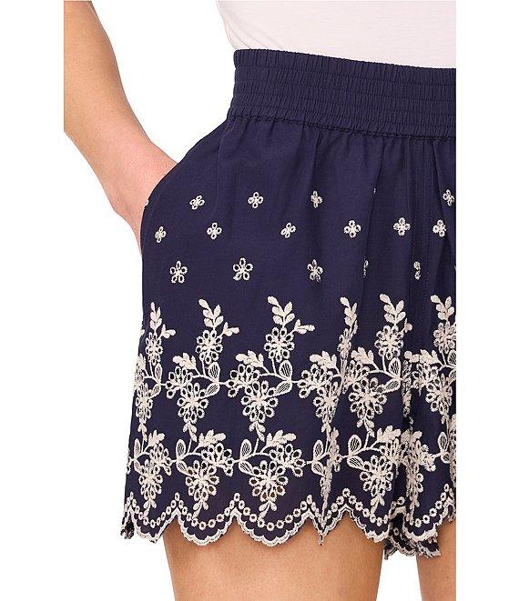 CeCe Elastic Waistband Pull On Floral Embroidered Scalloped High Rise Shorts Product Image