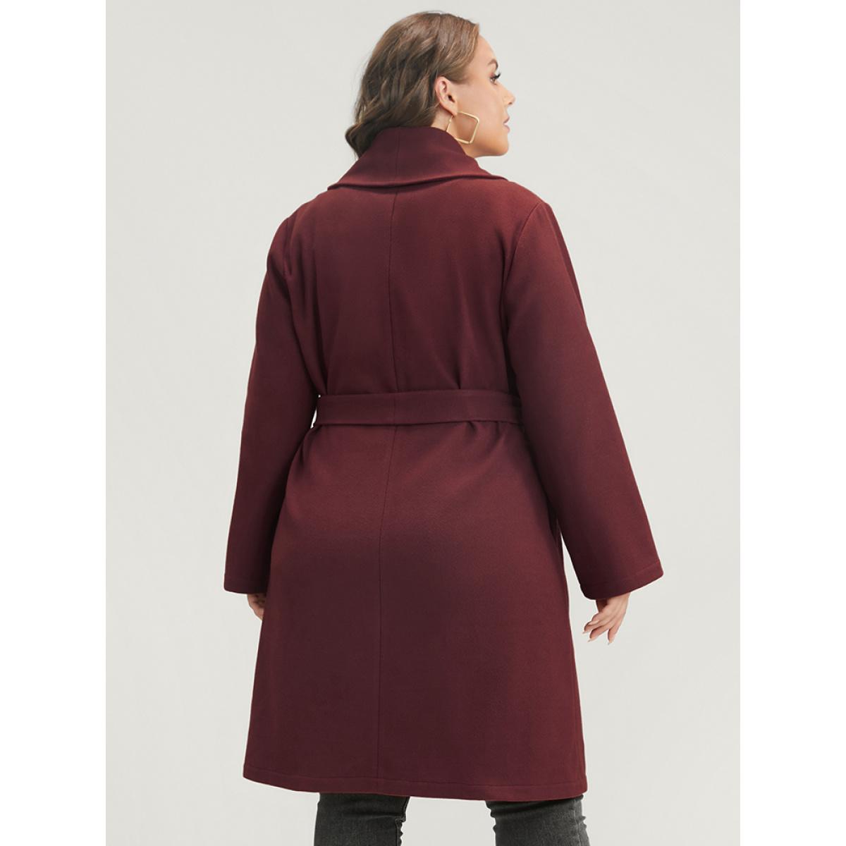 Plus Size Solid Lapel Collar Belted Pocket Coat Women Burgundy Casual Cross straps Ladies Dailywear Winter Coats BloomChic 28/5X Product Image
