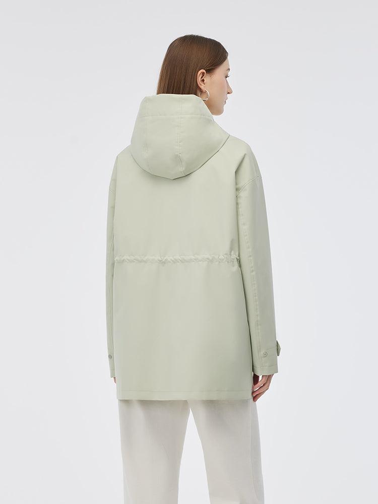 Hooded Stand Collar Gathered Waist Women Trench Coat Product Image