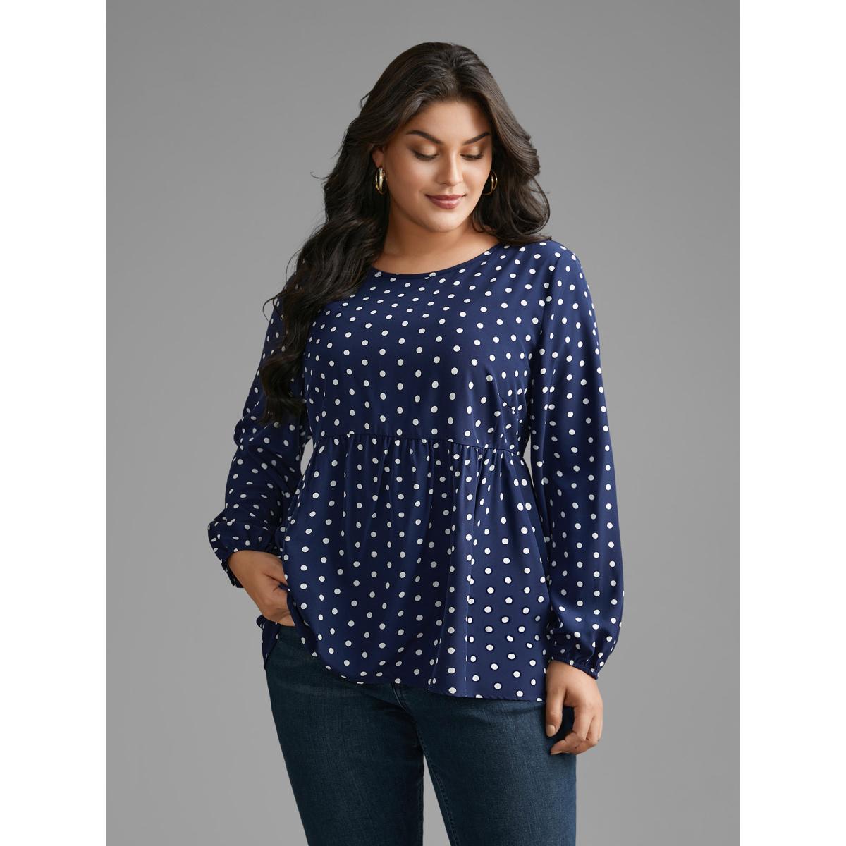 Plus Size Indigo Polka Dot Gathered Lantern Sleeve Blouse Women Elegant Long Sleeve Round Neck Everyday Blouses BloomChic 28/5X Product Image