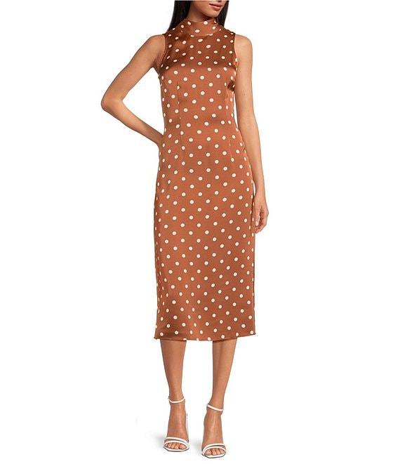 French Connection Ennis Satin Bow Neck Sleeveless Polka Dot Midi Dress Product Image