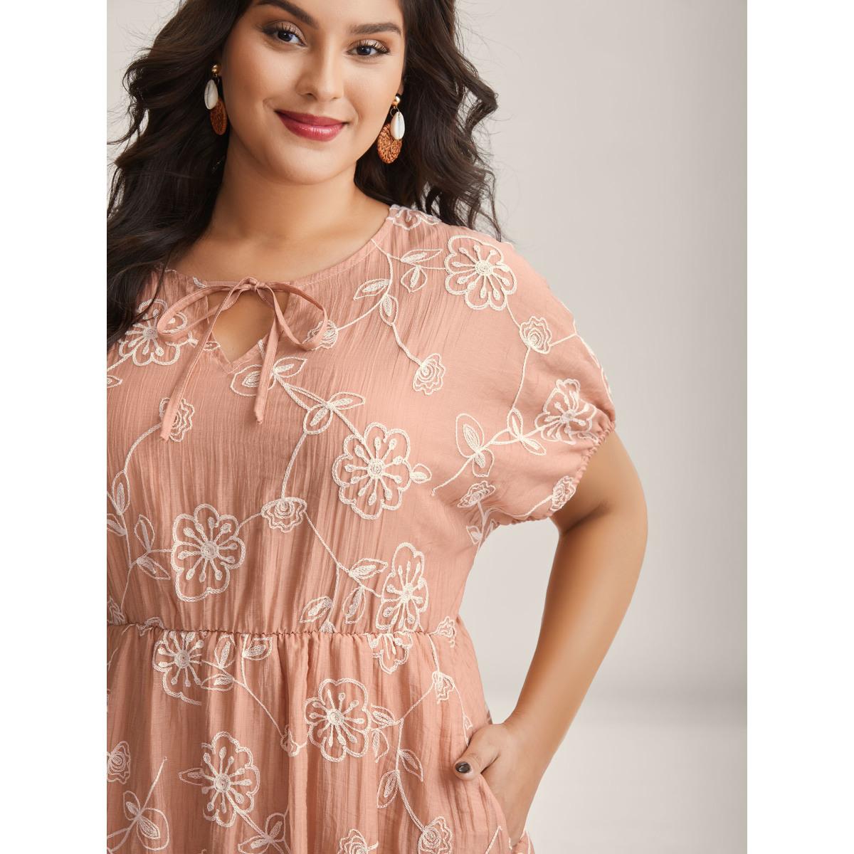 Plus Size Rayon Textured Embroidered Stretchy Midi Dress Watermelon Women V-neck Short sleeve Curvy BloomChic 12/L Product Image