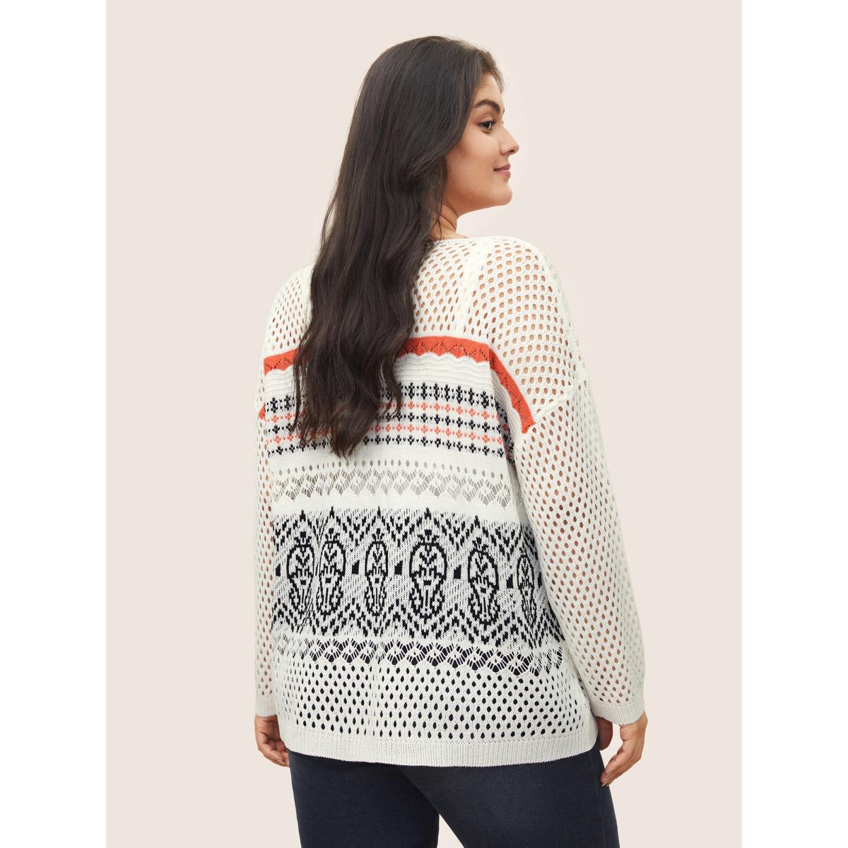 Plus Size Jacquard Hollow Out Drop Shoulder Pullover White Women Casual Long Sleeve Round Neck Everyday Pullovers BloomChic 14-16/1X Product Image
