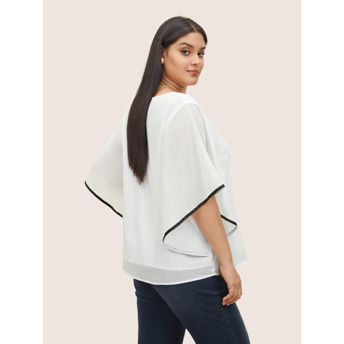 Plus Size White V Neck Contrast Webbing Dolman Sleeve Blouse Women Elegant Half Sleeve V-neck Everyday Blouses BloomChic 30/6X Product Image