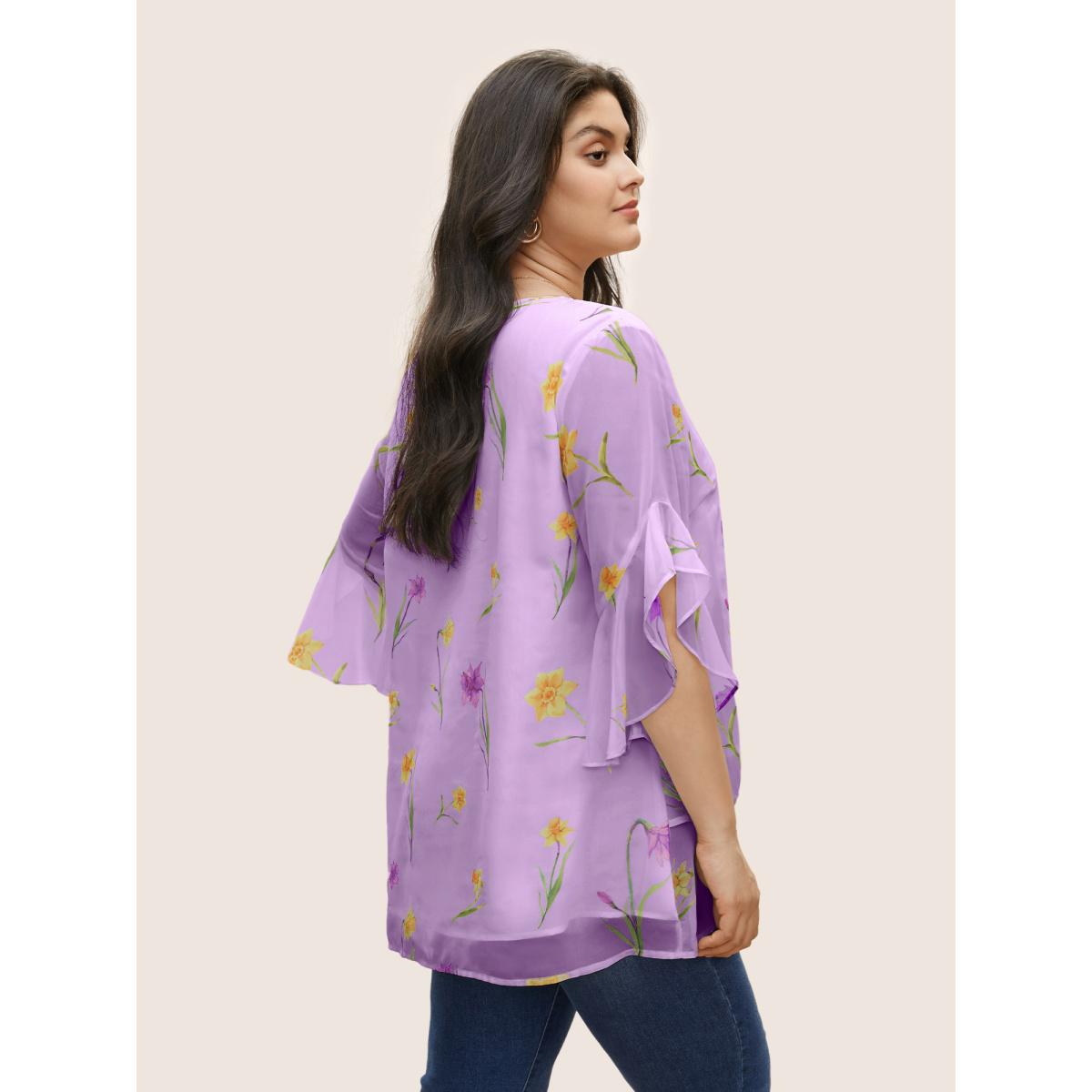 Plus Size Heather Floral Tiered Mesh Asymmetrical Hem Blouse Women Elegant Everyday Blouses BloomChic 10/M Product Image
