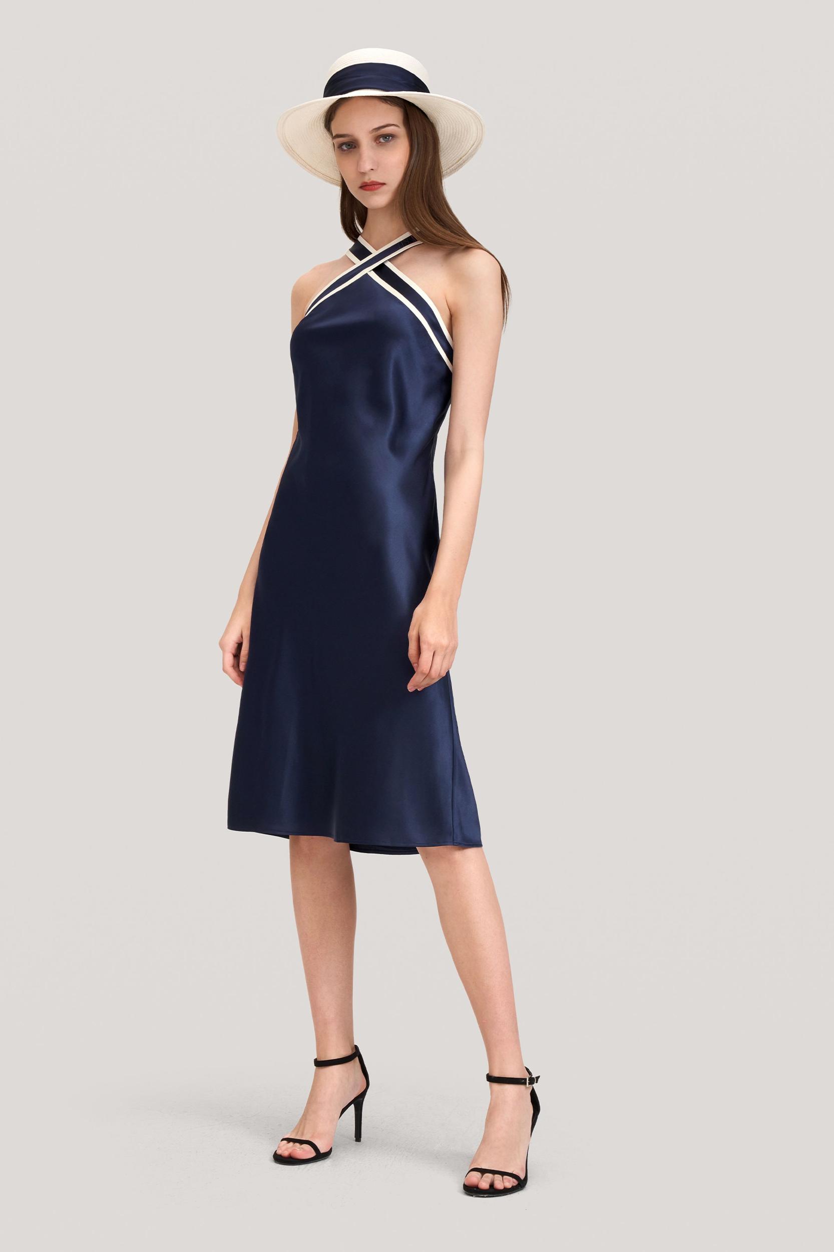 Glossy Camellia Silk Halter-Neck Dress Product Image