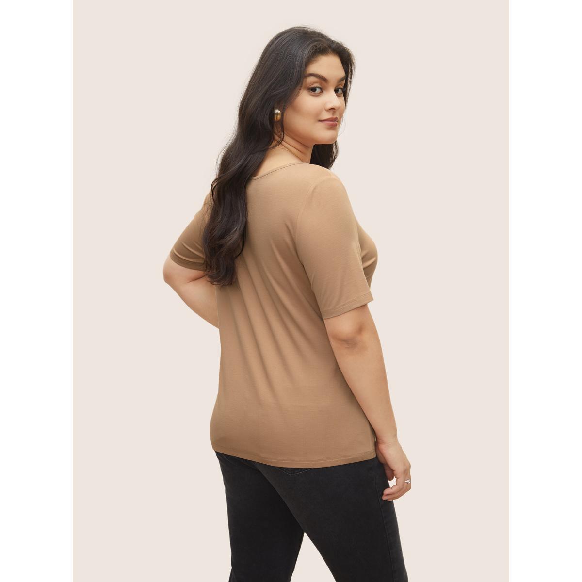 Plus Size Basic Solid Round Neck T-shirt LightBrown Women Basics Non Plain Round Neck Everyday T-shirts BloomChic 14-16/1X Product Image