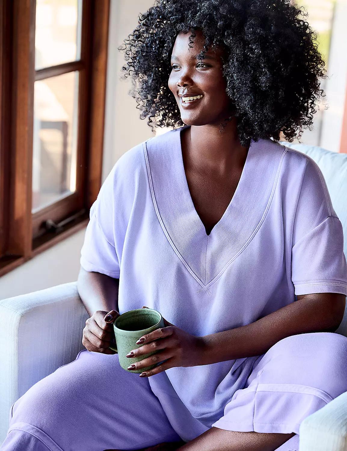 LIVI Elbow-Sleeve V-Neck French Terry Sweatshirt Product Image