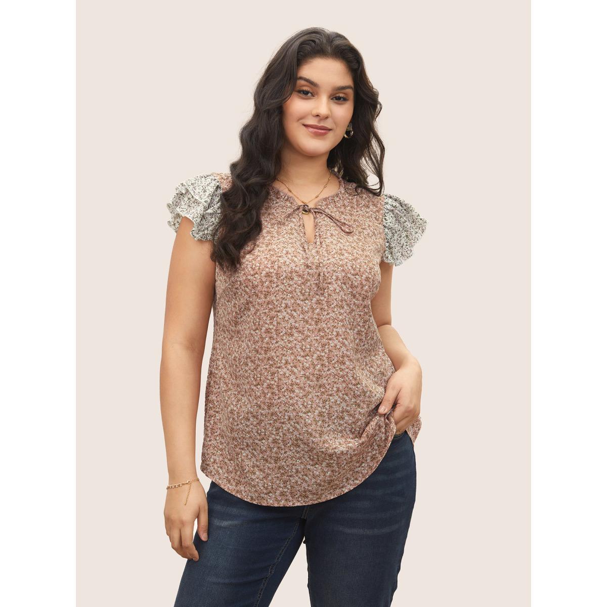 Plus Size Rouge Ditsy Floral Ties Patchwork Ruffle Cap Sleeve Blouse Women Elegant Cap Sleeve Ribbon-tied collar Everyday Blouses BloomChic 26/4X Product Image