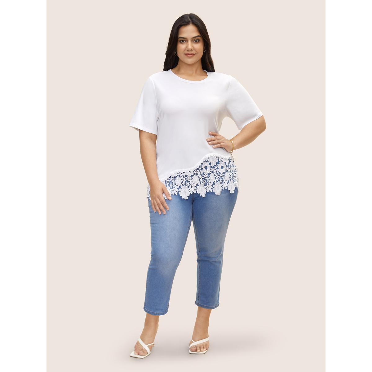 Plus Size Crew Neck Flower Lace Patchwork T-shirt WhiteSmoke Women Elegant Patchwork Round Neck Everyday T-shirts BloomChic 18-20/2X Product Image