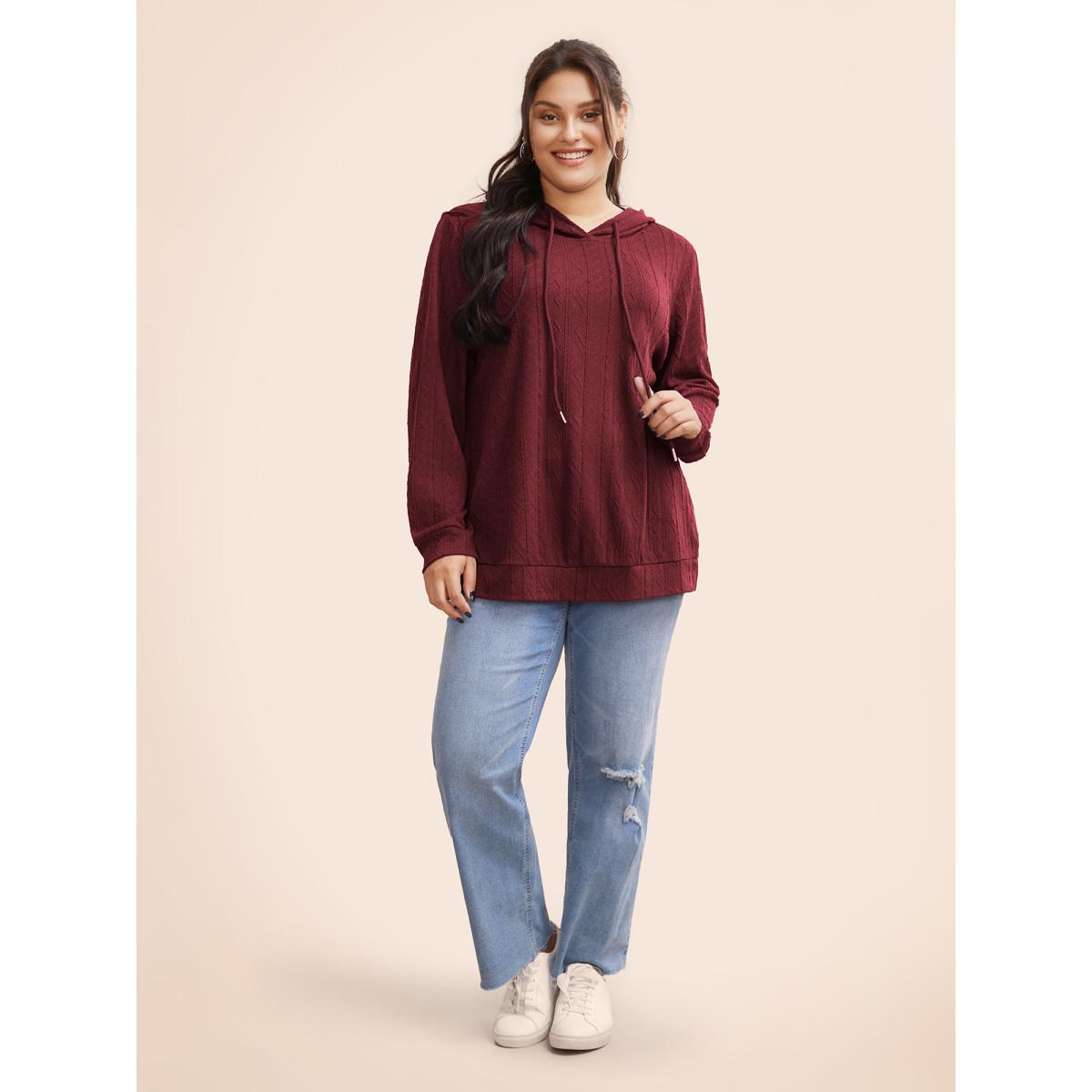 Plus Size Plain Textured Hooded Drawstring Sweatshirt Women Burgundy Casual Elastic cuffs Hooded Everyday Sweatshirts BloomChic 22-24/3X Product Image