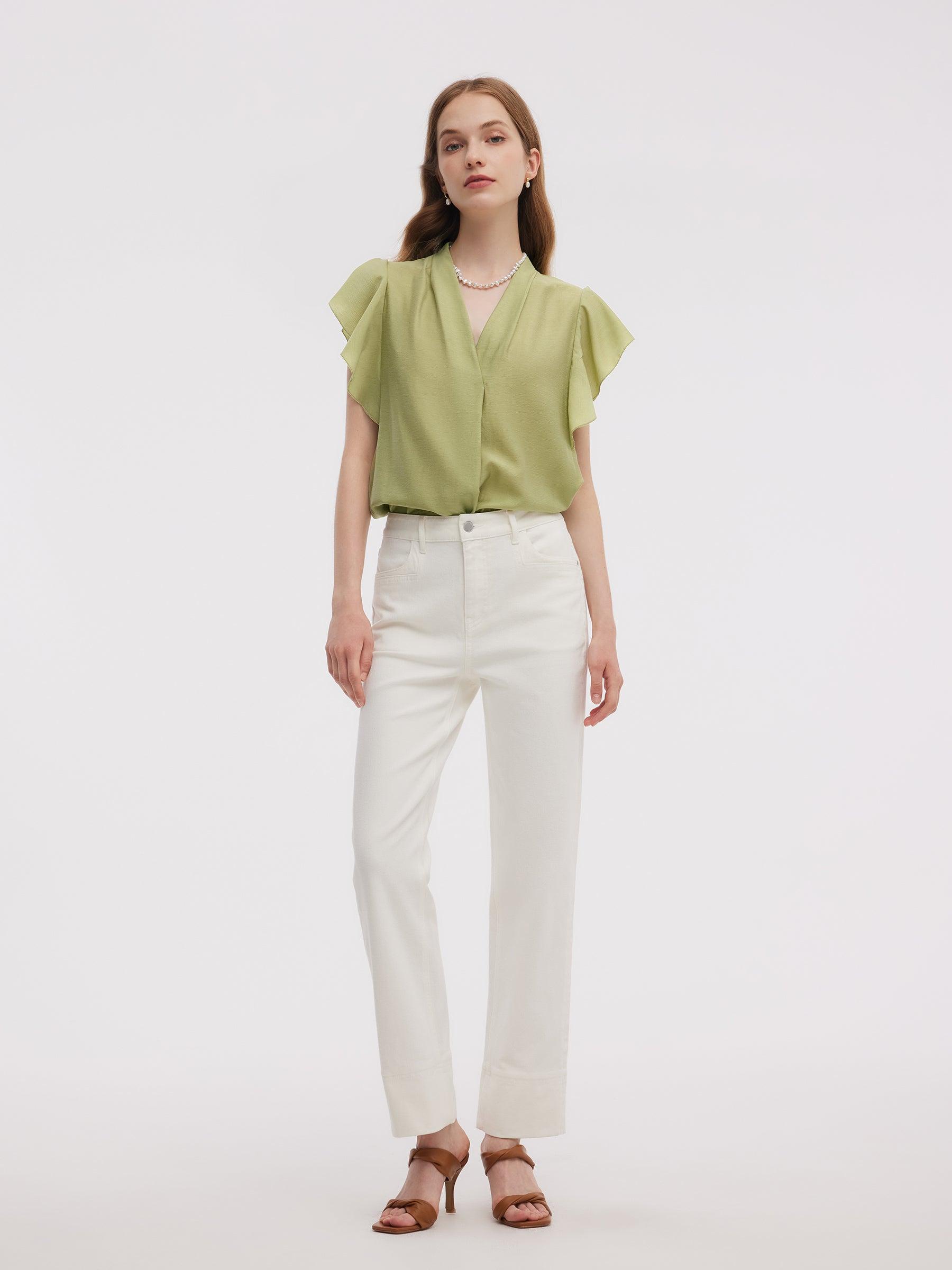 Acetate Blend V-Neck Women Ruffle Sleeve Blouse Product Image