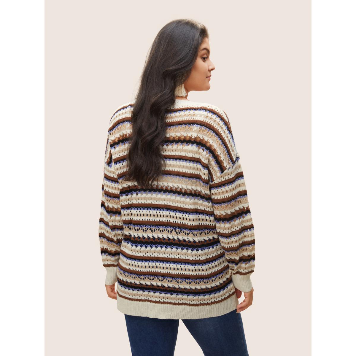 Plus Size Striped Contrast Drop Shoulder Hollow Out Pullover Beige Women Casual Long Sleeve Round Neck Everyday Pullovers BloomChic 22-24/3X Product Image