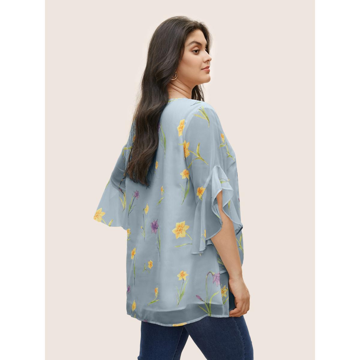 Plus Size Stone Floral Tiered Mesh Asymmetrical Hem Blouse Women Elegant Everyday Blouses BloomChic 28/5X Product Image