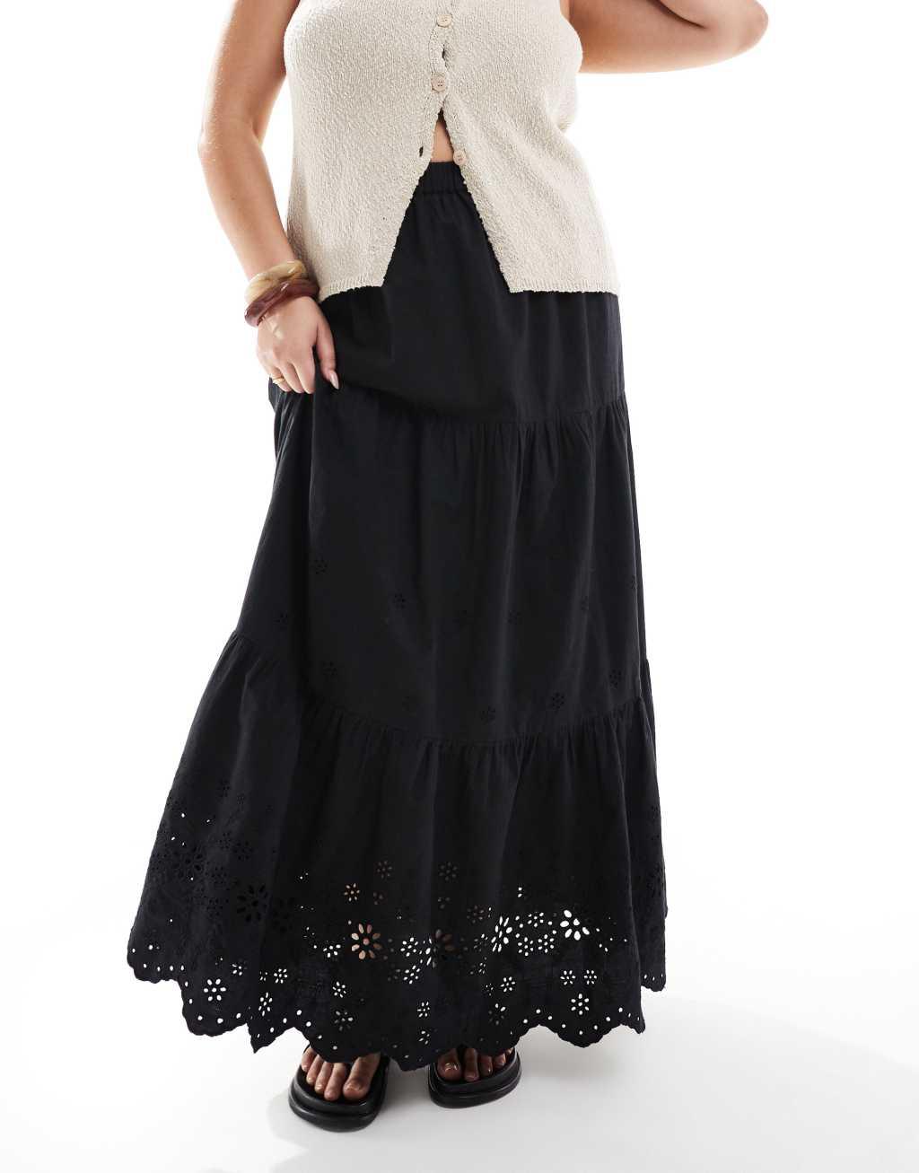 ASOS DESIGN Curve cutwork cotton maxi skirt in black Product Image