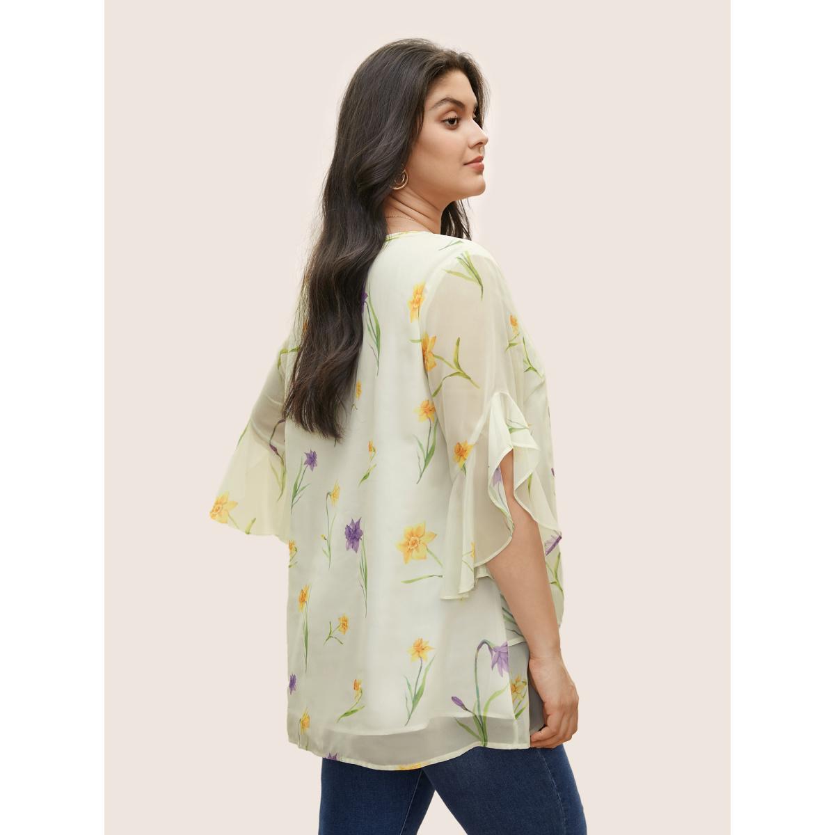 Plus Size Ivory Floral Tiered Mesh Asymmetrical Hem Blouse Women Elegant Everyday Blouses BloomChic 18-20/2X Product Image