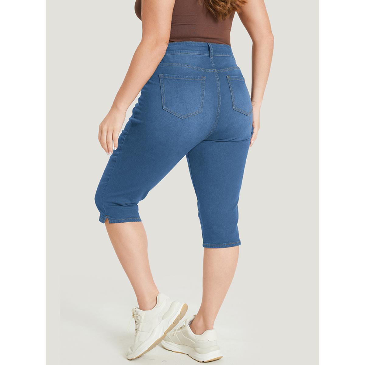 Plus Size Skinny Very Stretchy Dark Wash Split Knee Denim Shorts Women Blue High stretch Dailywear Side seam pocket Casual Denim Shorts BloomChic 10/M Product Image