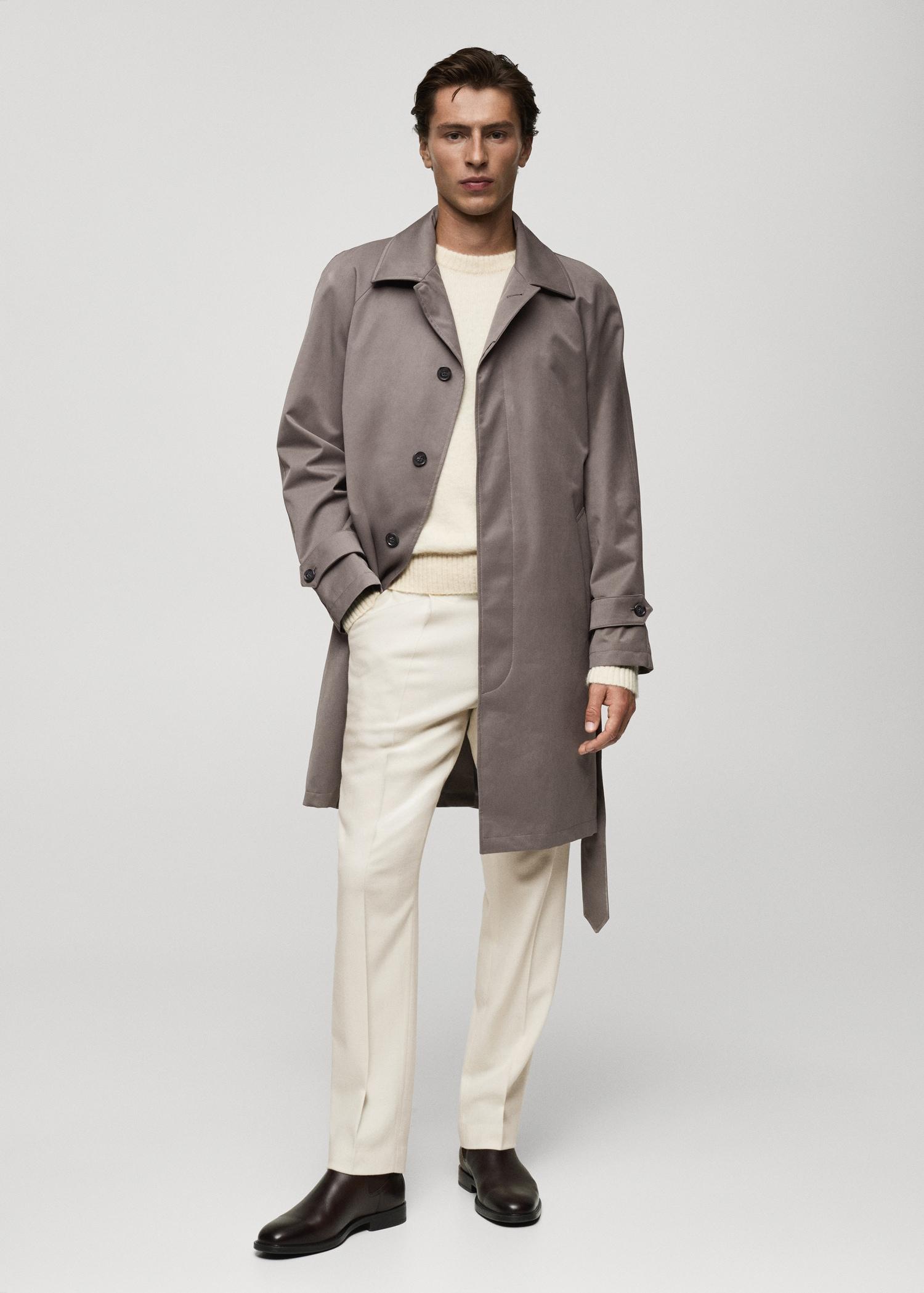 Belted trench coat with brushed finish - Men | MANGO USA Product Image