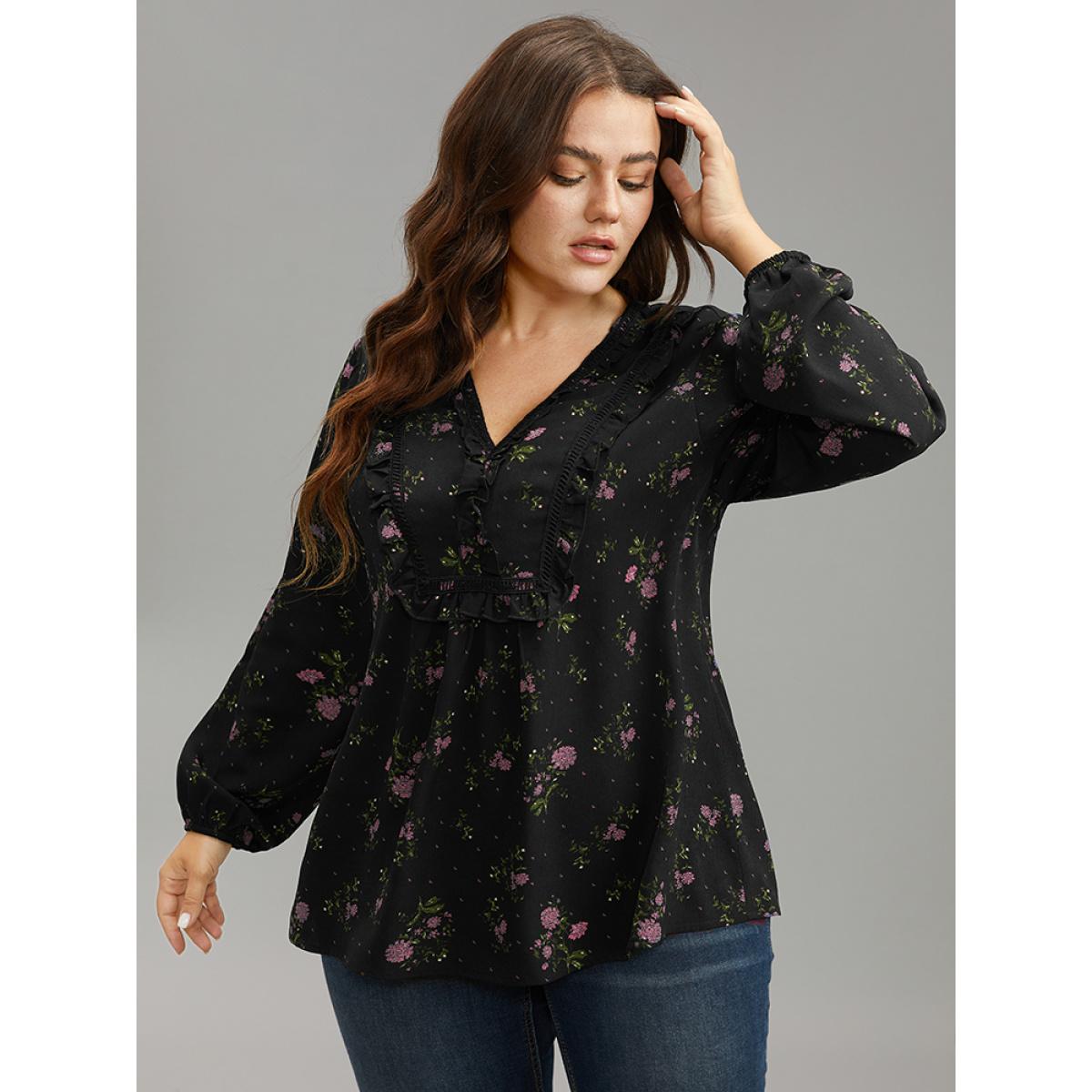 Plus Size RedViolet Ditsy Floral Lantern Sleeve Frill Trim Blouse Women Elegant Long Sleeve V-neck Dailywear Blouses BloomChic 10/M Product Image
