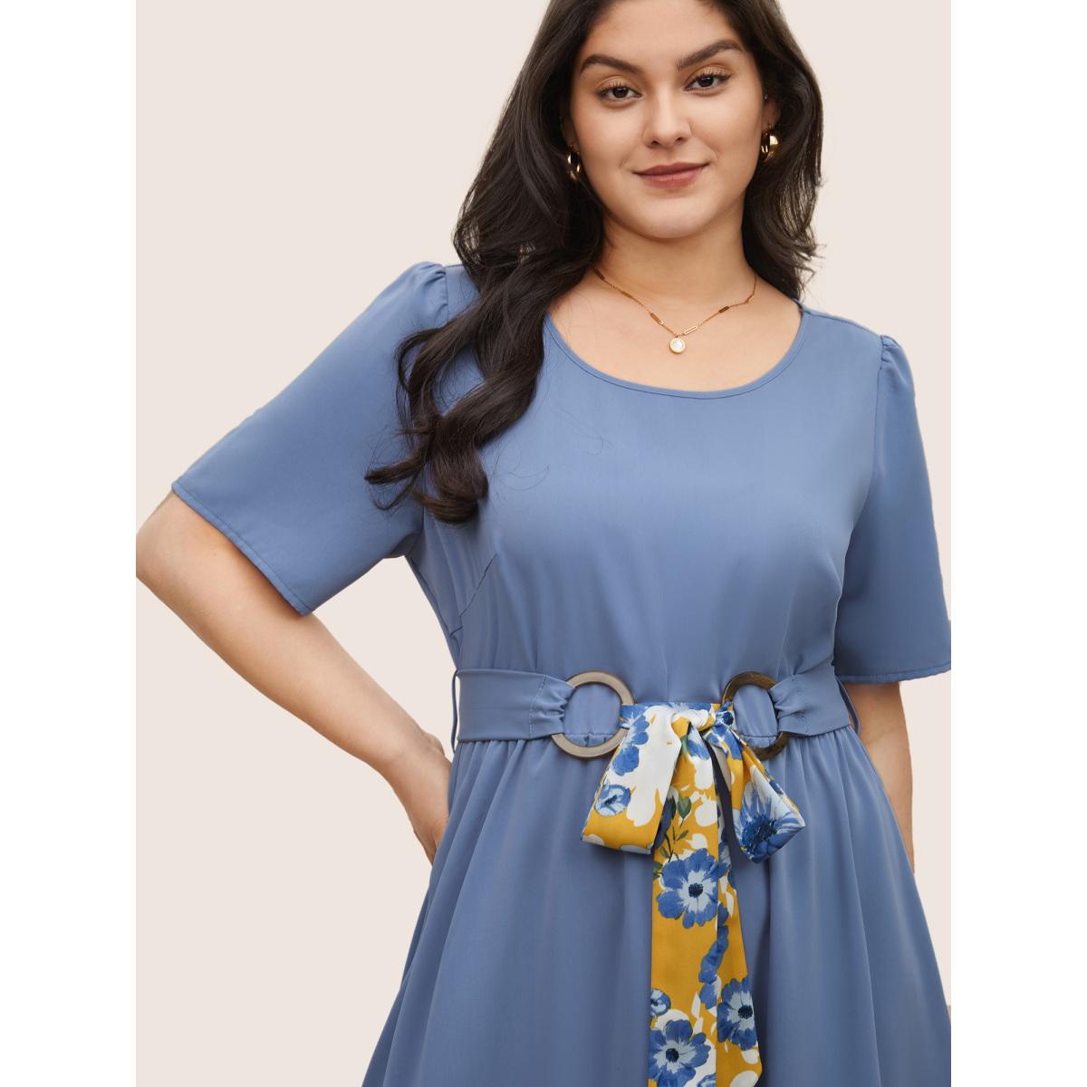 Plus Size Solid Frill Trim Buckle Detail Belted Dress Stone Women Elegant Non Round Neck Short sleeve Curvy Midi Dress BloomChic 30/6X Product Image