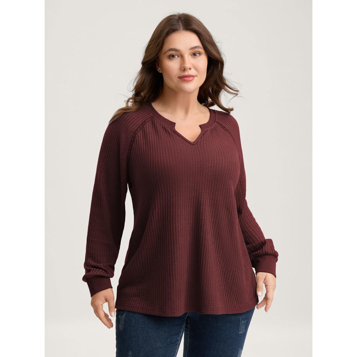 Plus Size Waffle Grid Notched Collar Lace Sweatshirt Women Black Leisure Woven ribbon&lace trim Flat collar with V-notch Casual Sweatshirts BloomChic 12/L Product Image