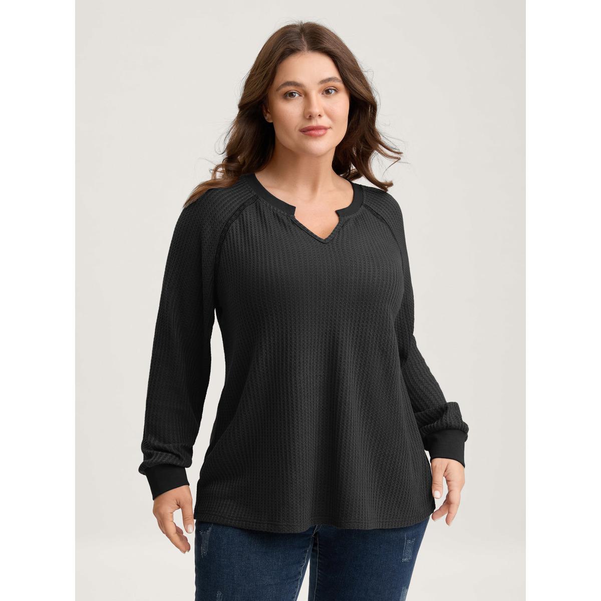 Plus Size Waffle Grid Notched Collar Lace Sweatshirt Women Black Leisure Woven ribbon&lace trim Flat collar with V-notch Casual Sweatshirts BloomChic 12/L Product Image