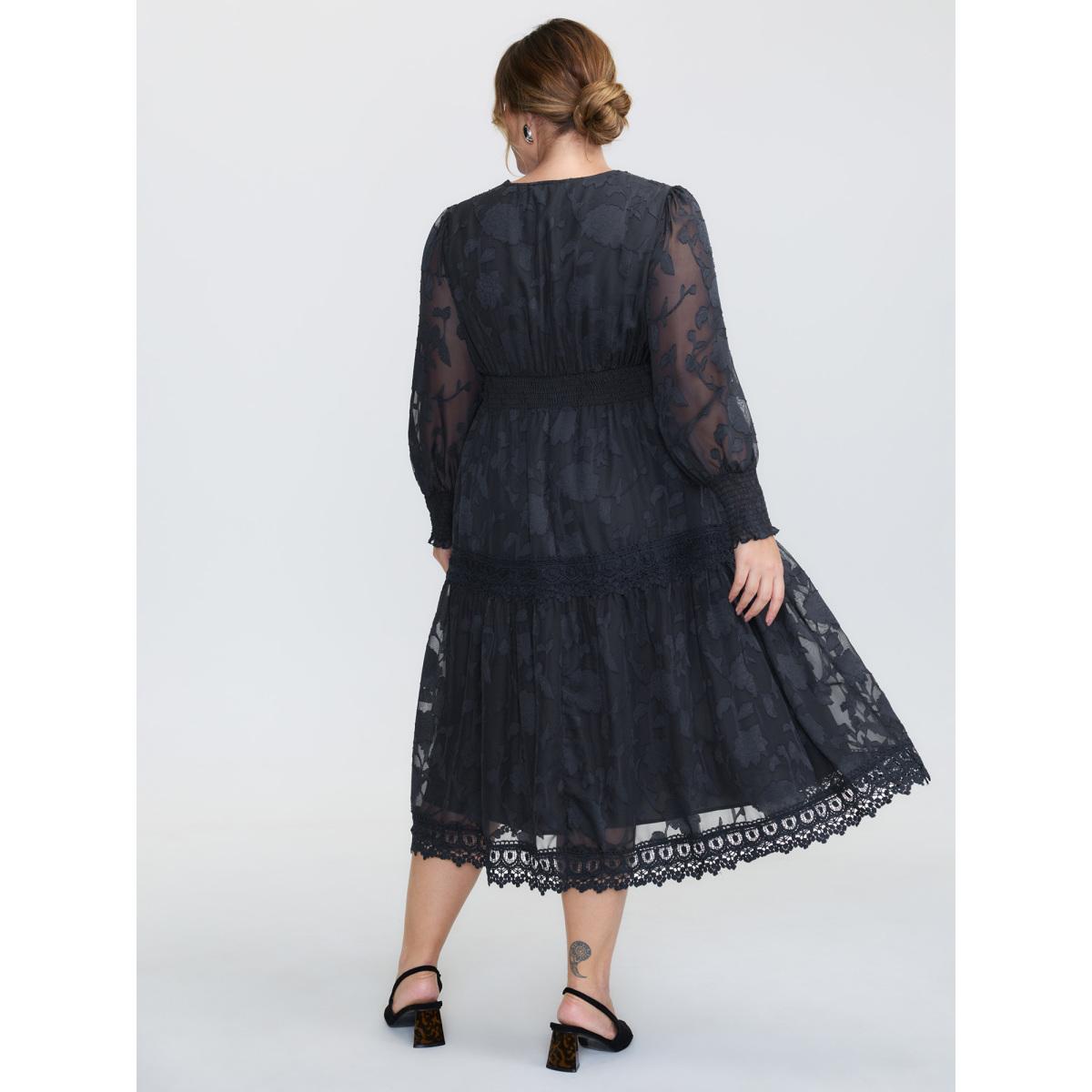 Plus Size Lace Textured Pleated Waist Tiered Midi Dress Indigo Women Romantic See through V-neck Long Sleeve Curvy BloomChic 28/5X Product Image