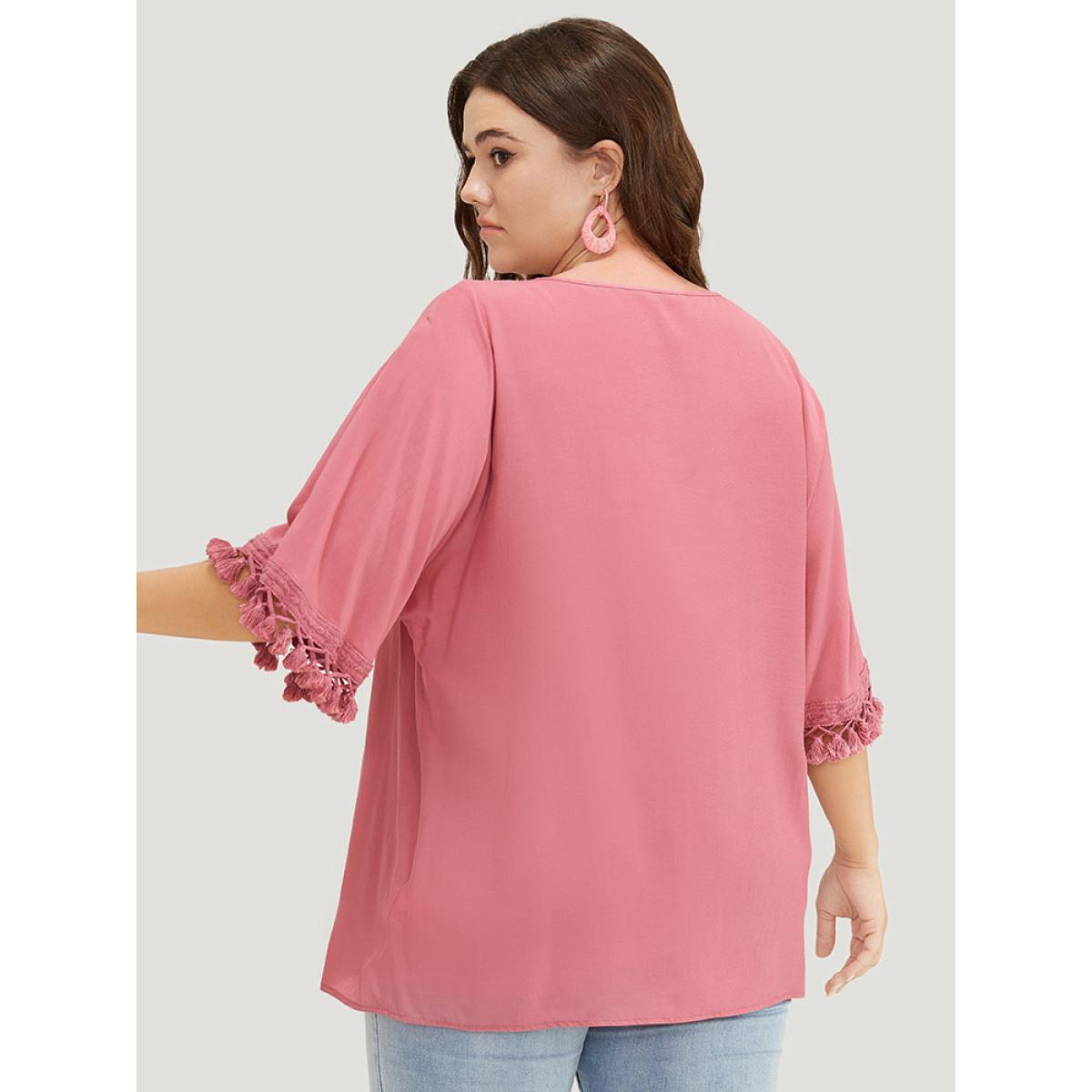 Plus Size DustyPink Solid Tassels Detail Flounce Sleeve Blouse Women Vacation Elbow-length sleeve V-neck Dailywear Blouses BloomChic 14-16/1X Product Image