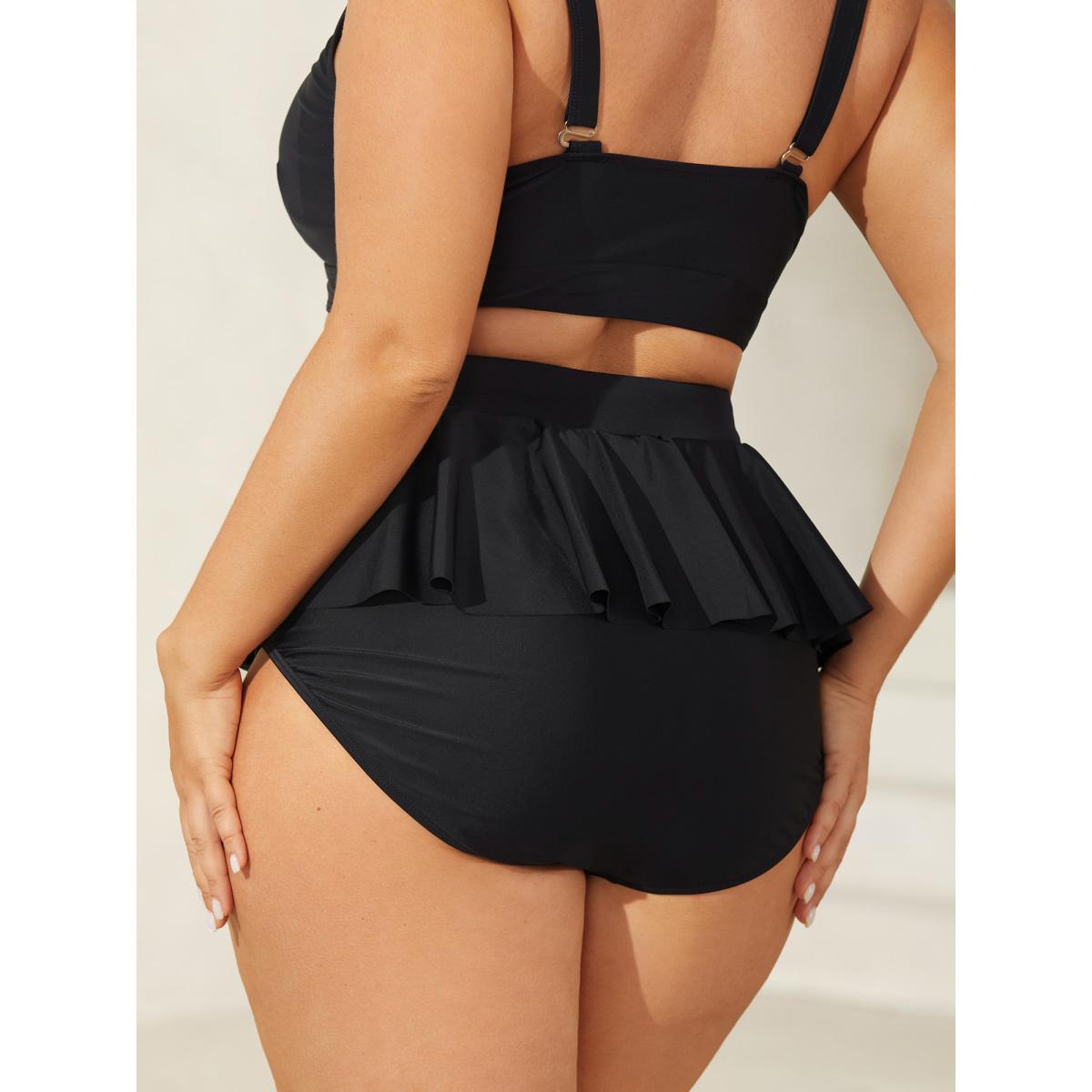 Plus Size Ruffled Hem Knotted Swim Bottoms Women's Swimwear Black Beach Tie knot High stretch Skinny High Rise Curve Swim Bottoms BloomChic 10/M Product Image