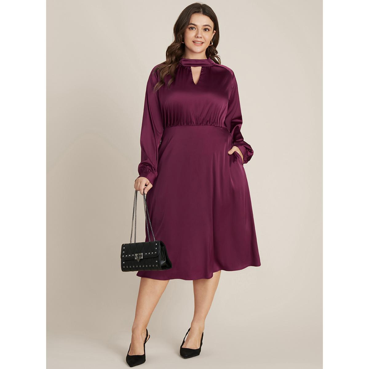 Plus Size Solid Pocket Keyhole Mock Neck Satin Midi Dress RedViolet Women Party Pocket Mock Neck Long Sleeve Curvy Midi Dress BloomChic 10/M Product Image