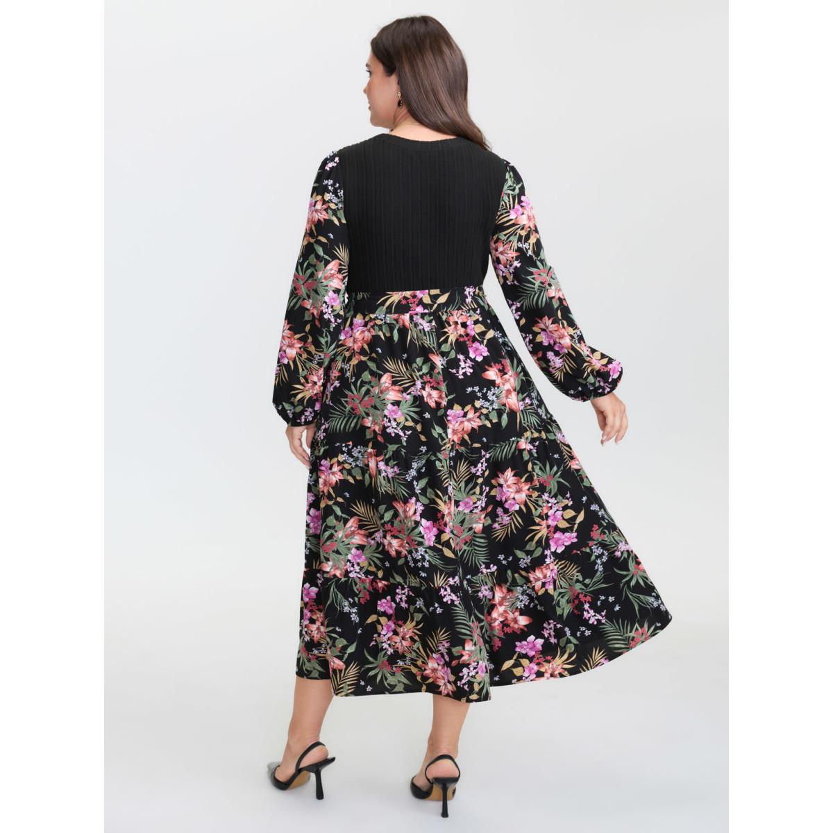Plus Size Floral Print Color Contrast Midi Dress Black Women Timeless Texture Round Neck Long Sleeve Curvy BloomChic 22-24/3X Product Image