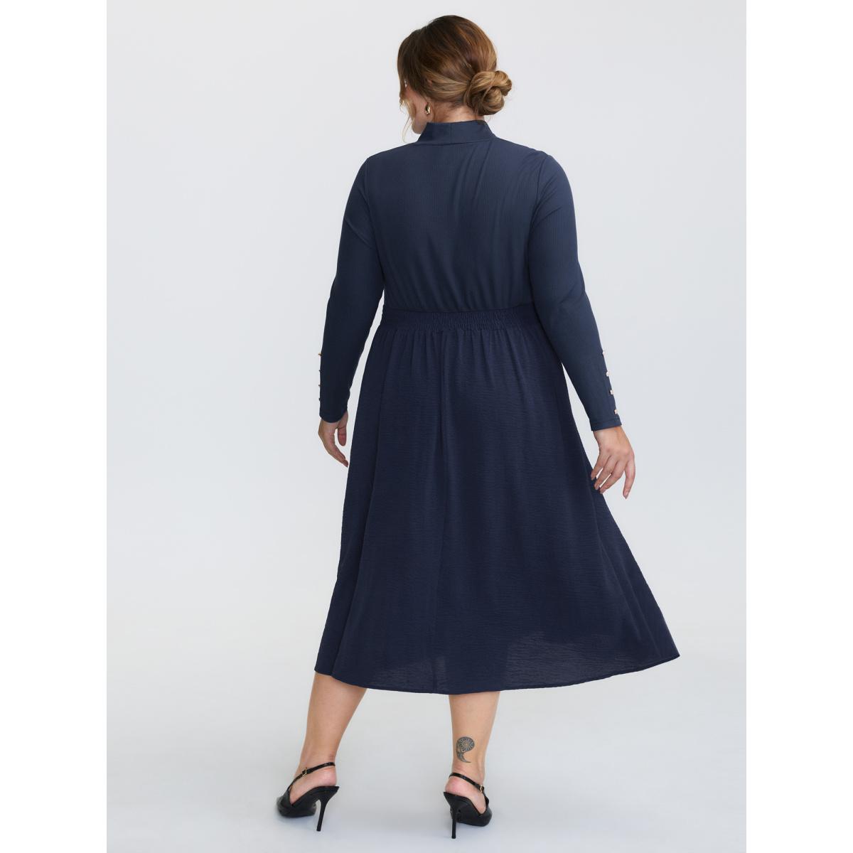 Plus Size Mock Neck Waist-Defining Button Midi Dress Indigo Women Timeless Texture Round Neck Long Sleeve Curvy BloomChic 30/6X Product Image