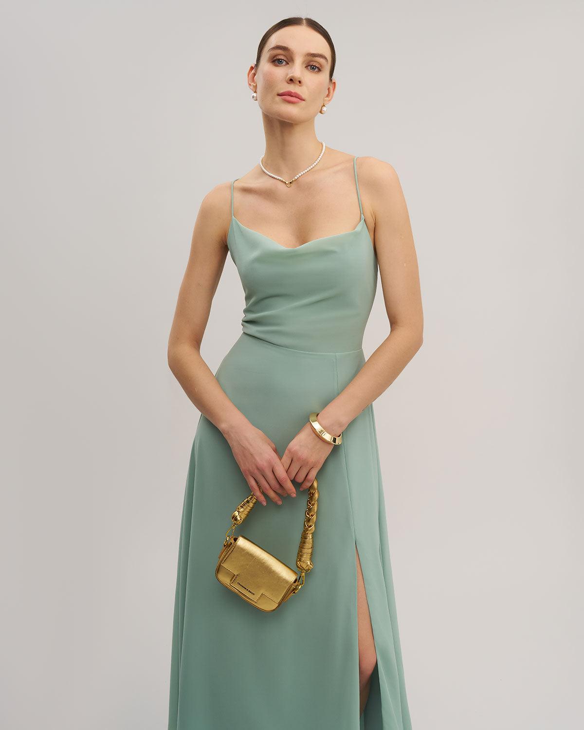 Green A-Line Backless Slip Maxi Dress Product Image