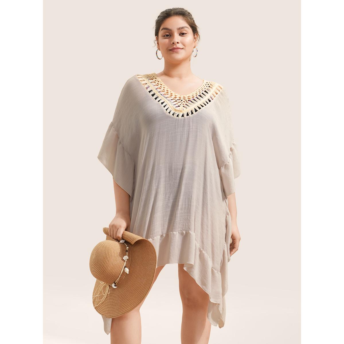 Plus Size Woven Neck Ruffles Hanky Hem Swim Cover Up Women's Swimwear MistyRose Beach Loose Crochet Curve Swim Cover Ups BloomChic 10/M Product Image