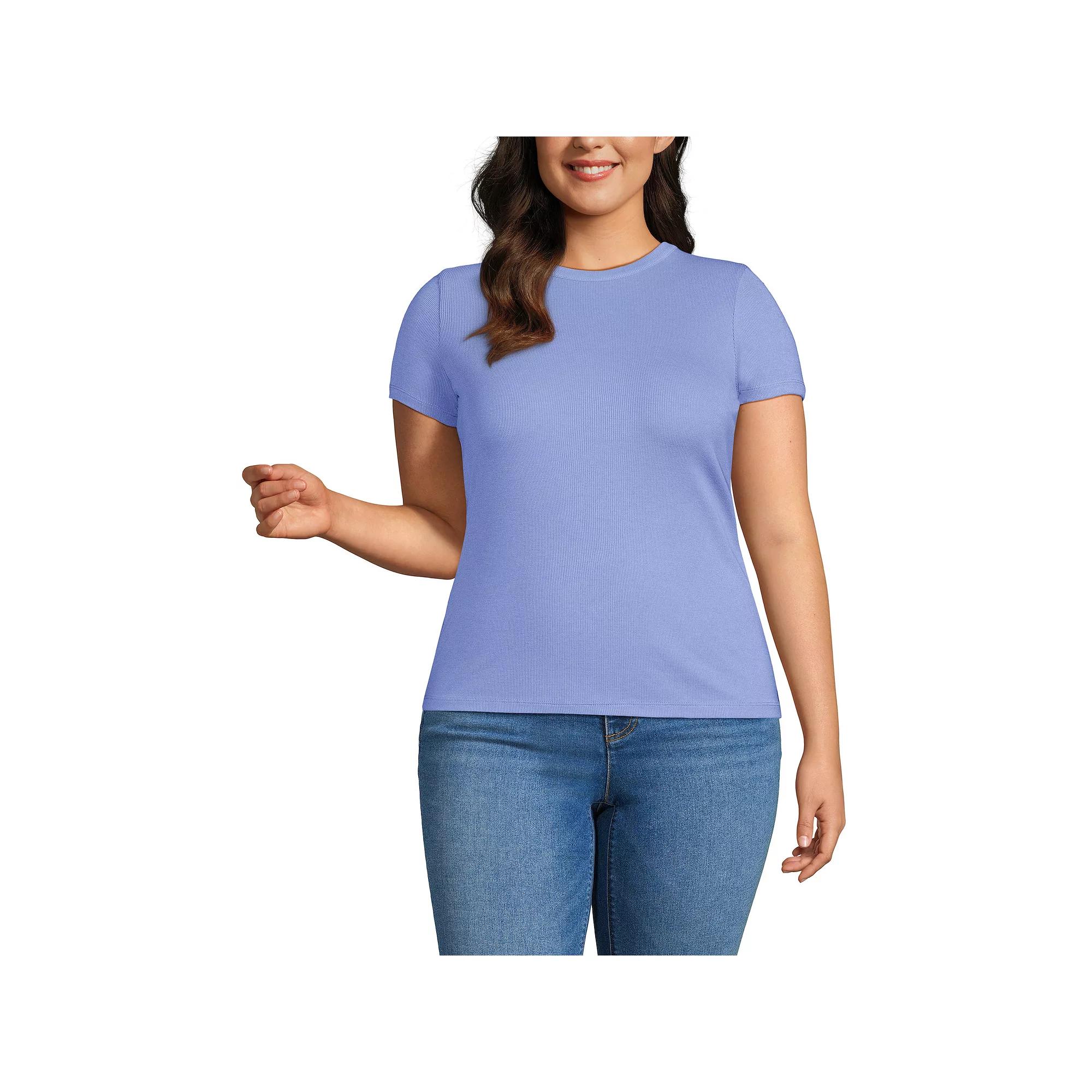 Plus Size Lands' End Drapey Rib Fitted Short Sleeve Mini T-Shirt, Women's, Size: 1XL, Ivory Navy Stripe Product Image